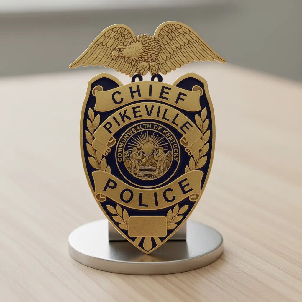 Pikeville Police Chief Badge SVG
Kentucky Law Enforcement Vector Design
Eagle Shield Police Badge Engraving File
Pikeville KY Police Sign CNC File
Commonwealth of Kentucky Seal Vector for Lasers