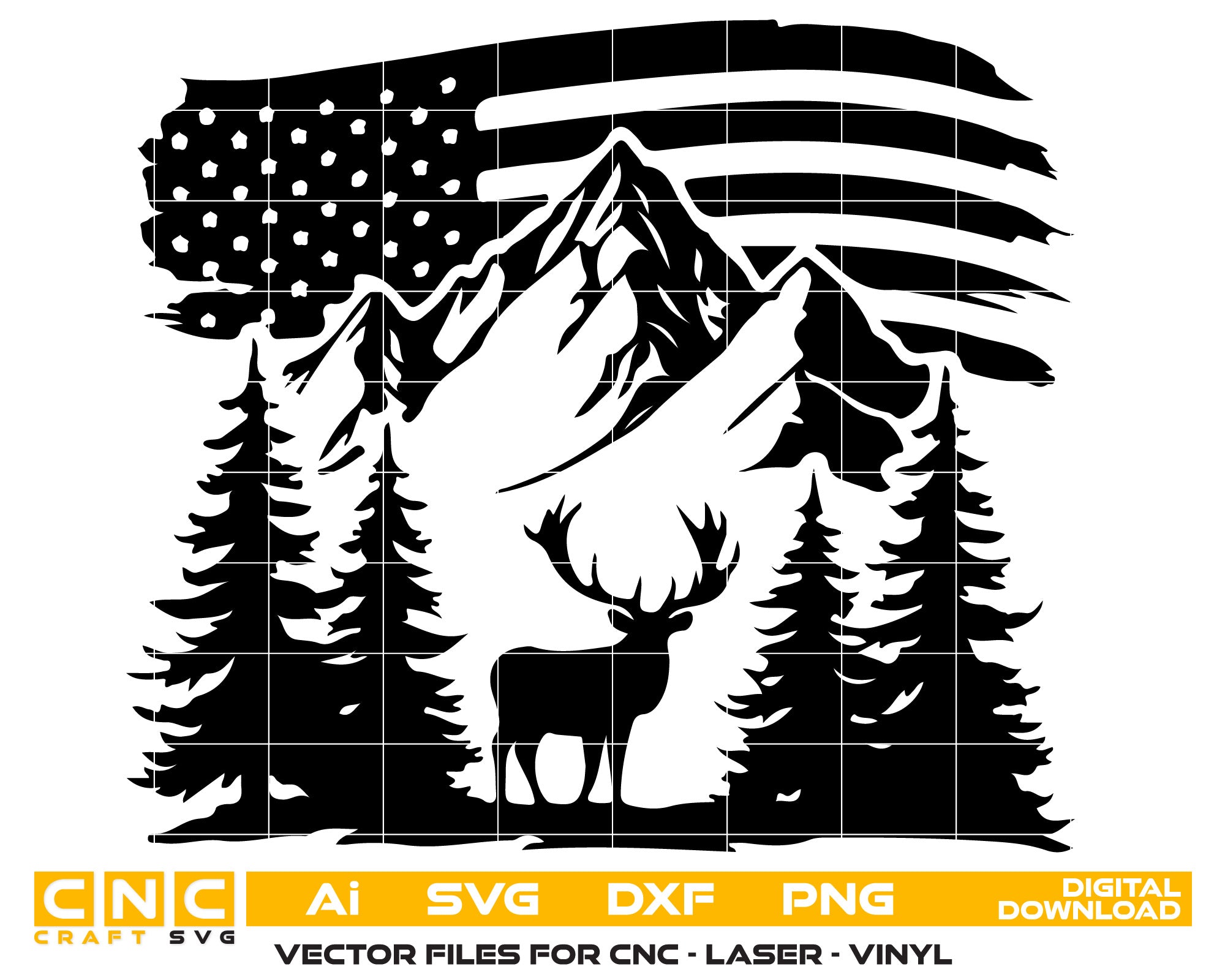 American Flag Deer Family Mountain Tree Vector Art – Digital Download