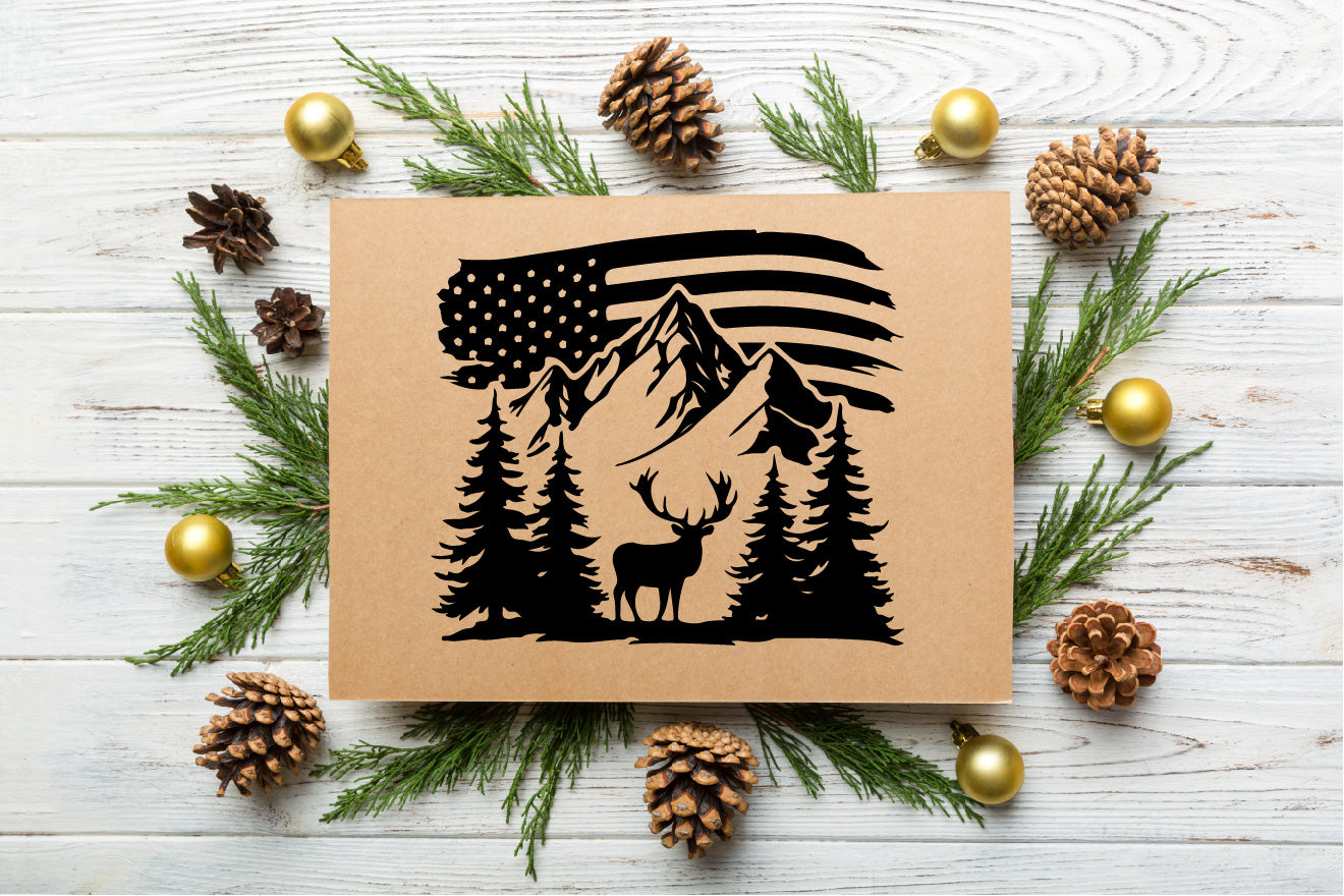 American Flag Deer Family Mountain Tree Vector Art – Digital Download