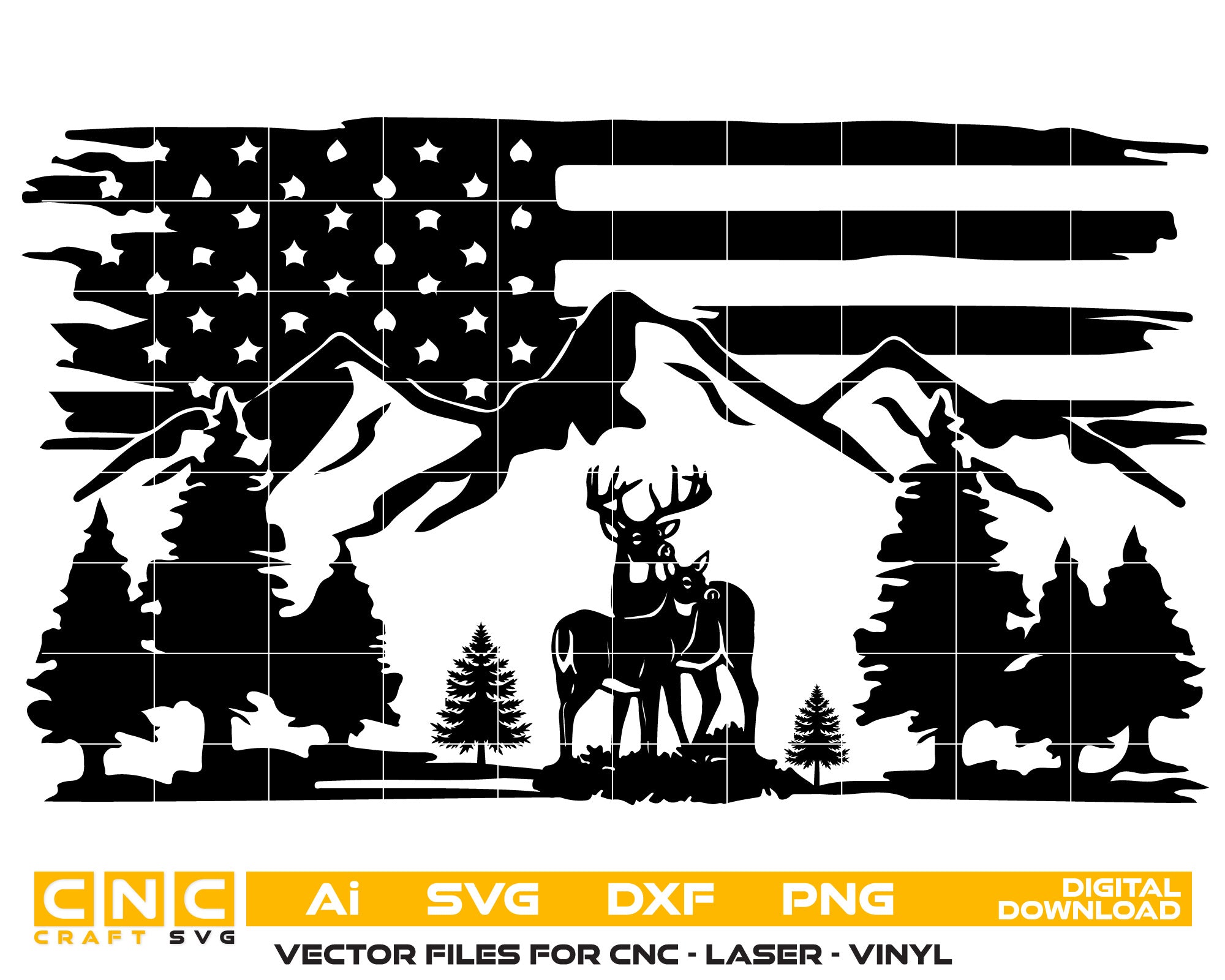 American Flag Deer Pine Tree Mountain Digital File