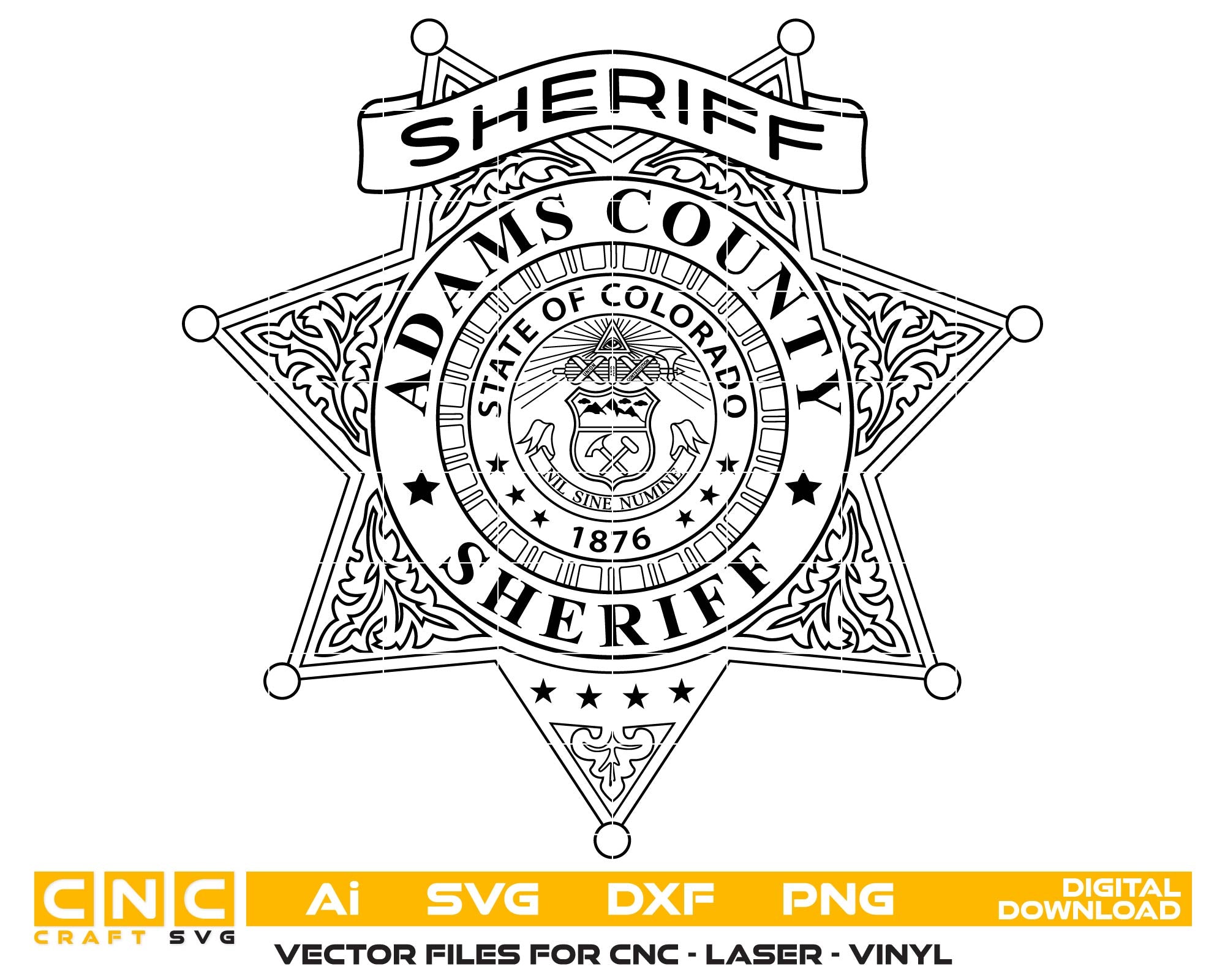 Adams County Colorado Sheriff Emblem SVG
Colorado Police Badge CNC File
Western Scrollwork Sheriff Star Vector
Law Enforcement Badge for Engraving
Adams County CO Sheriff Logo SVG