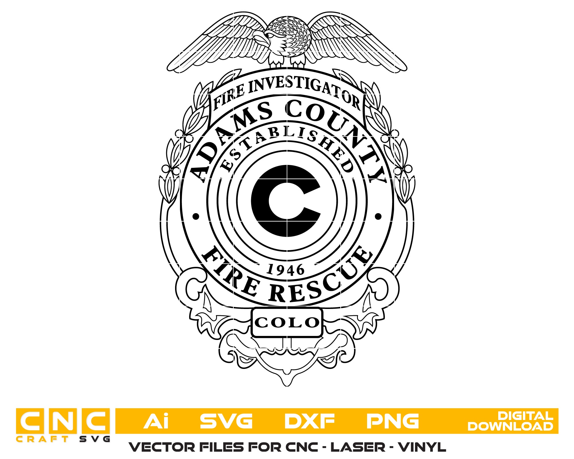 Adams County Fire Investigator Badge SVG, Colorado Fire Badge Vector, Fire Department Badge SVG, Investigator Badge Design, Firefighter Logo SVG, Adams County SVG