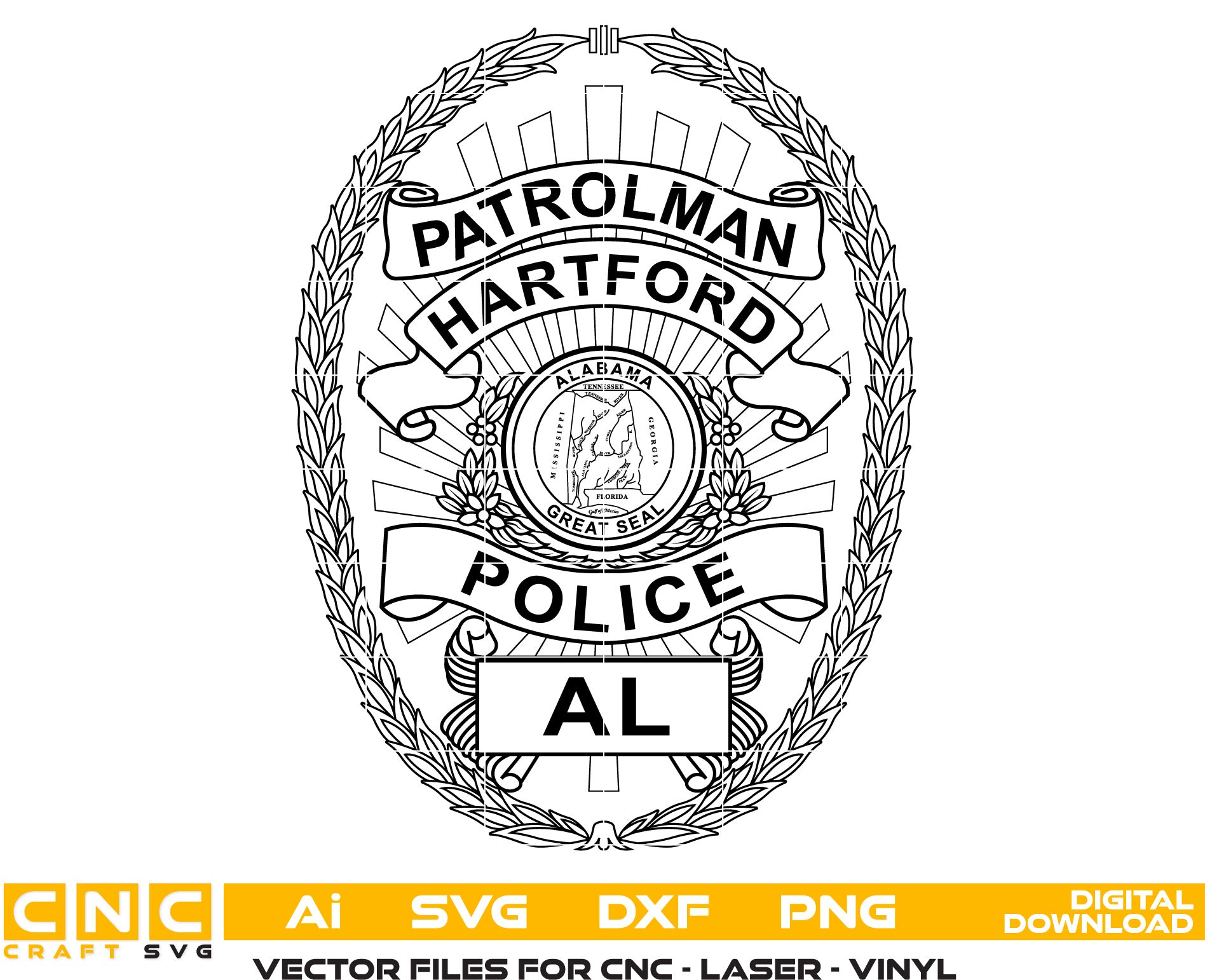 Hartford Alabama Police Patrolman Badge Vector Art, Ai,SVG, DXF, PNG, Digital Files for Laser Engraving, Woodworking,Printing