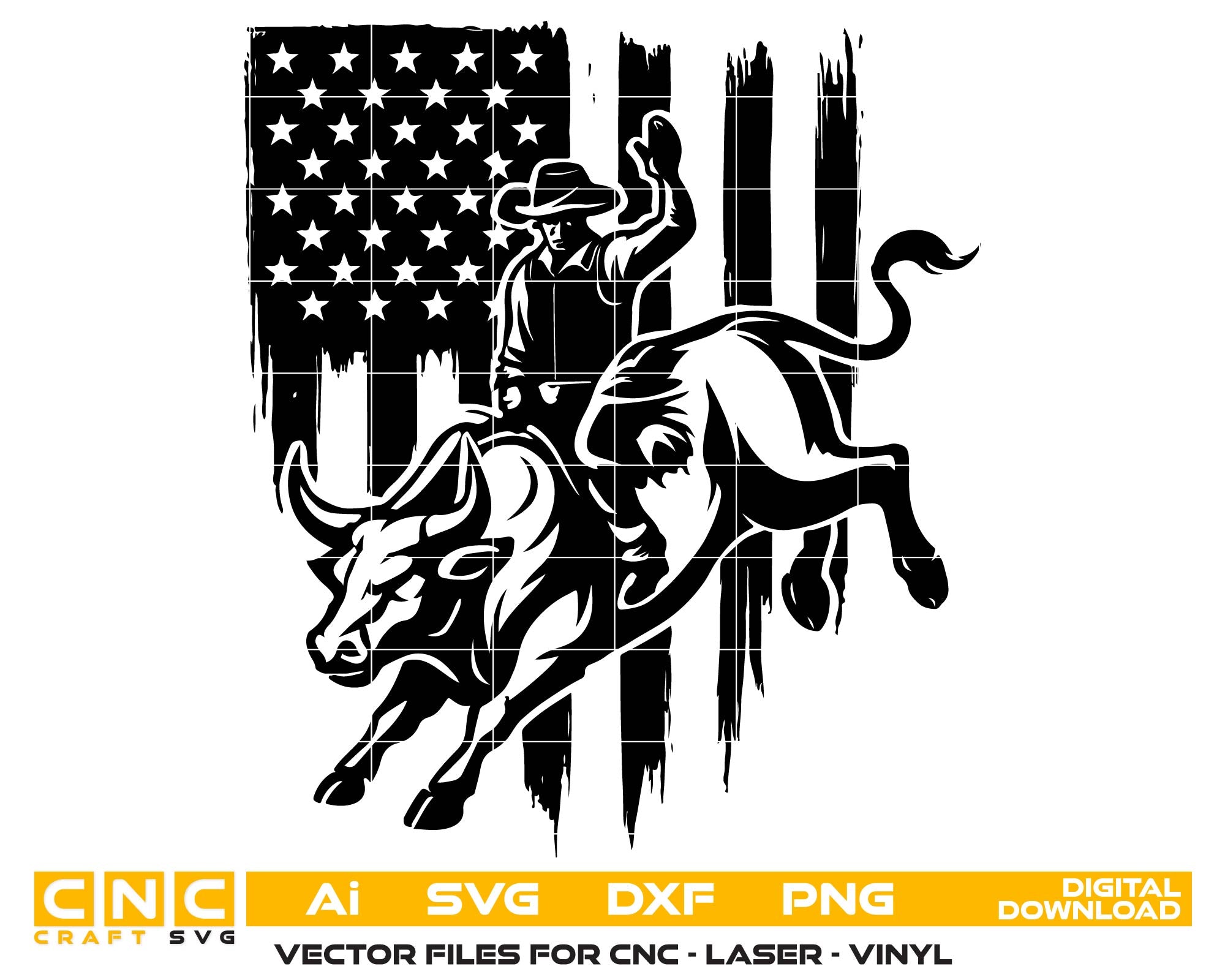 Design of a cowboy on a bucking bull with an American flag in the background, featuring CNC and digital download text.