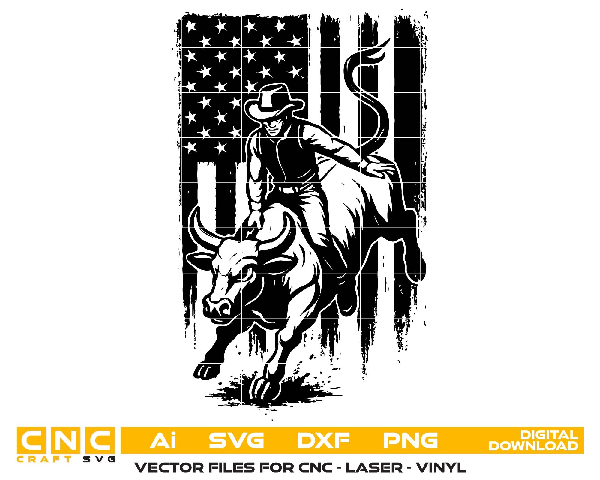 Black and white graphic of a cowboy riding a bull with an American flag in the background, featuring CNC and digital download text.