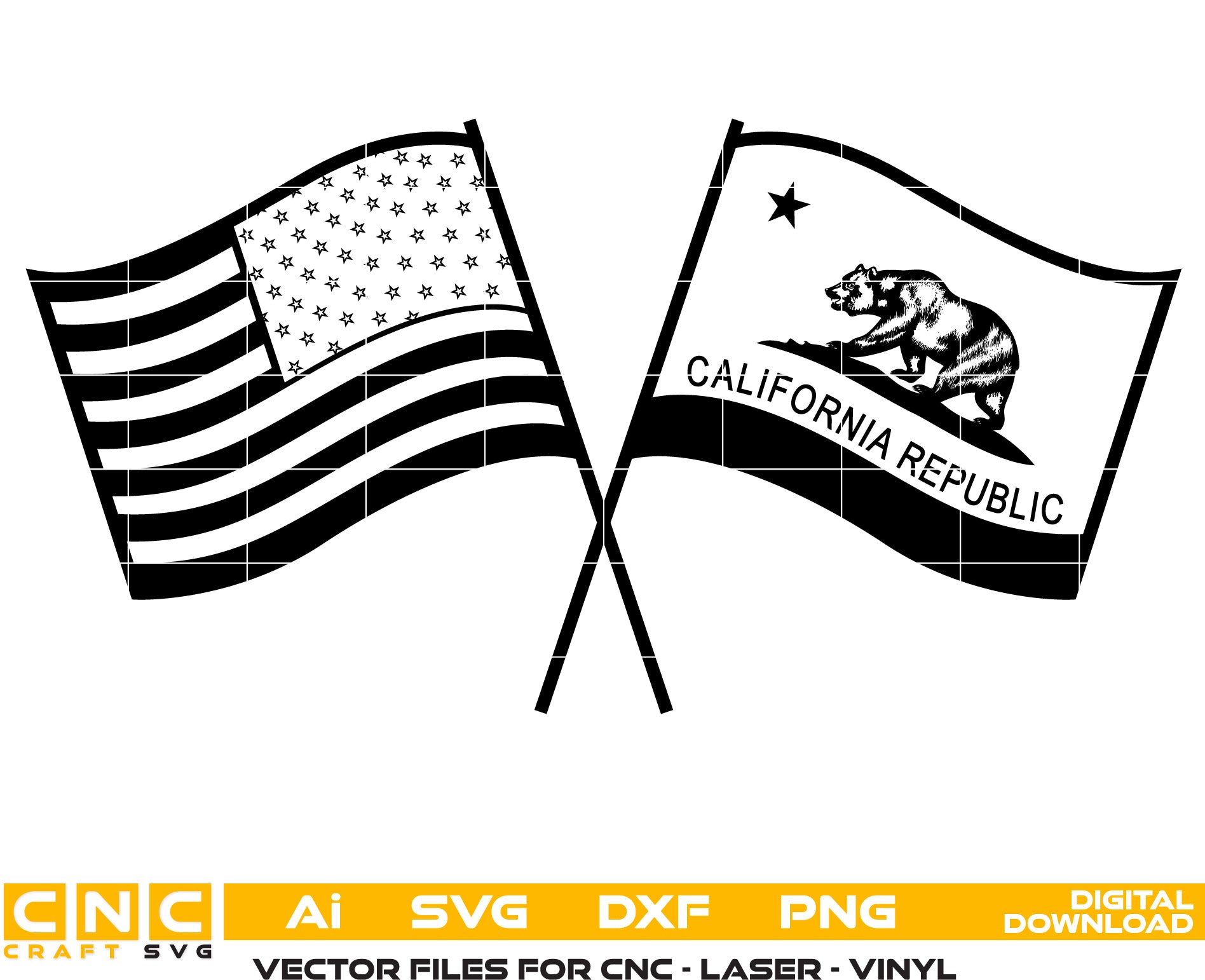 American & California Flag Crossed Friendship Vector Art - Digital Download (SVG, PNG, AI, PDF)