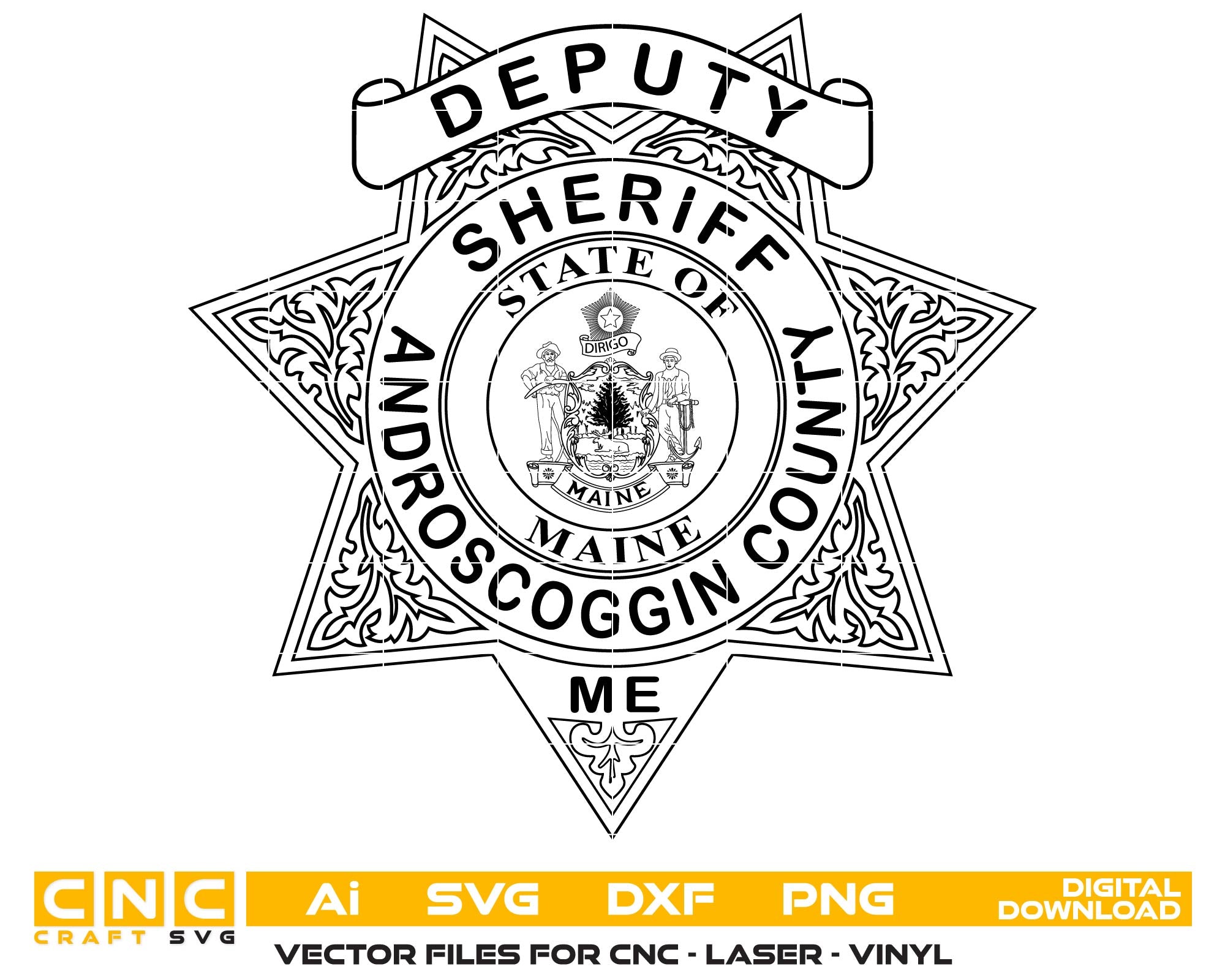 Androscoggin County Sheriff Badge SVG, Deputy Sheriff Badge Vector, County Sheriff Emblem SVG, Law Enforcement Badge Design, Police Shield Vector, Engraving Badge File