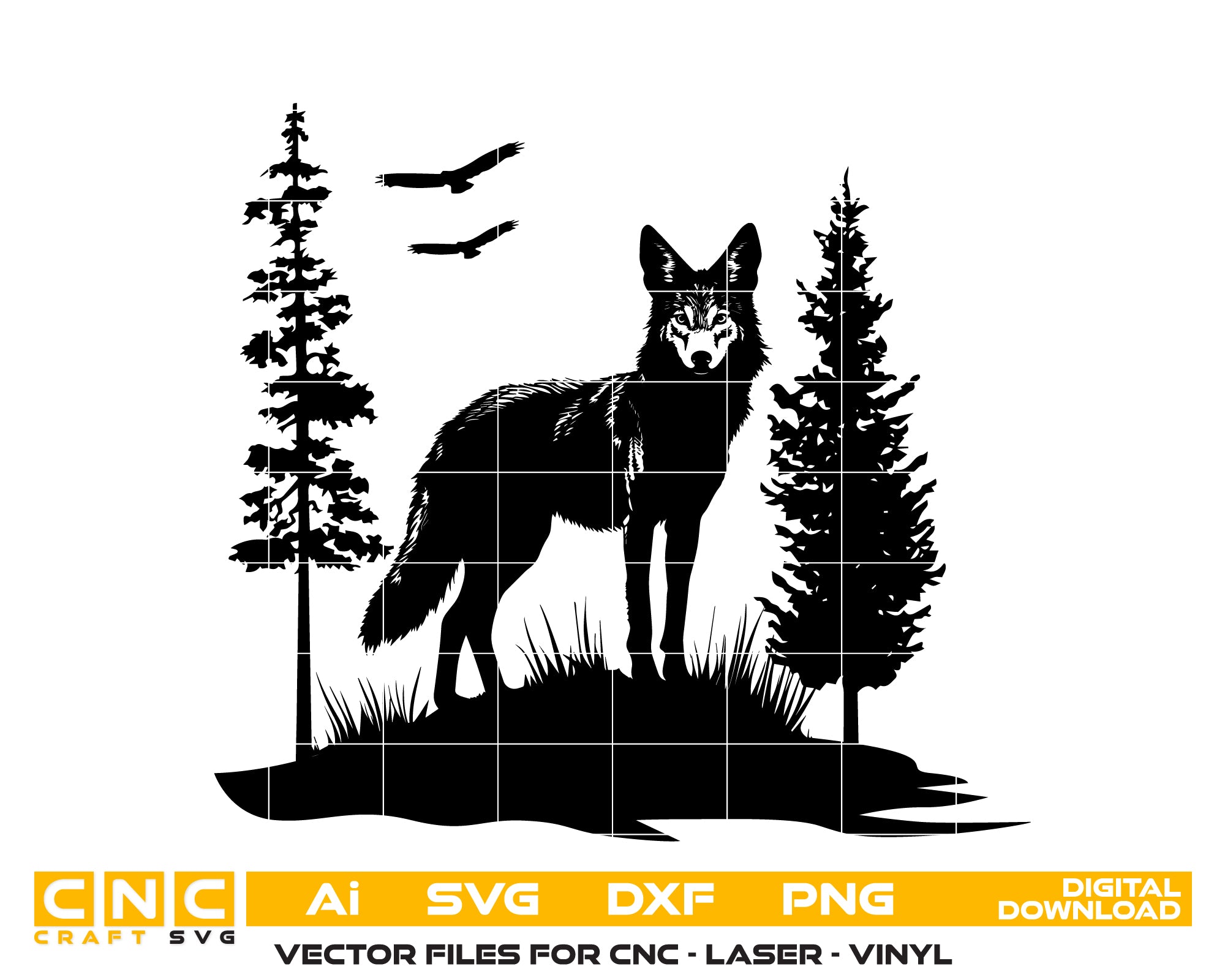 Wolf Standing in Woods with Mountain – Vector Art