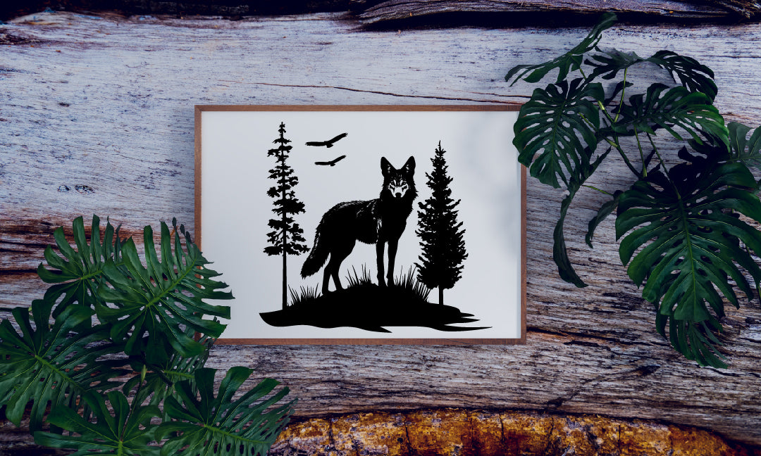 Wolf Standing in Woods with Mountain – Vector Art