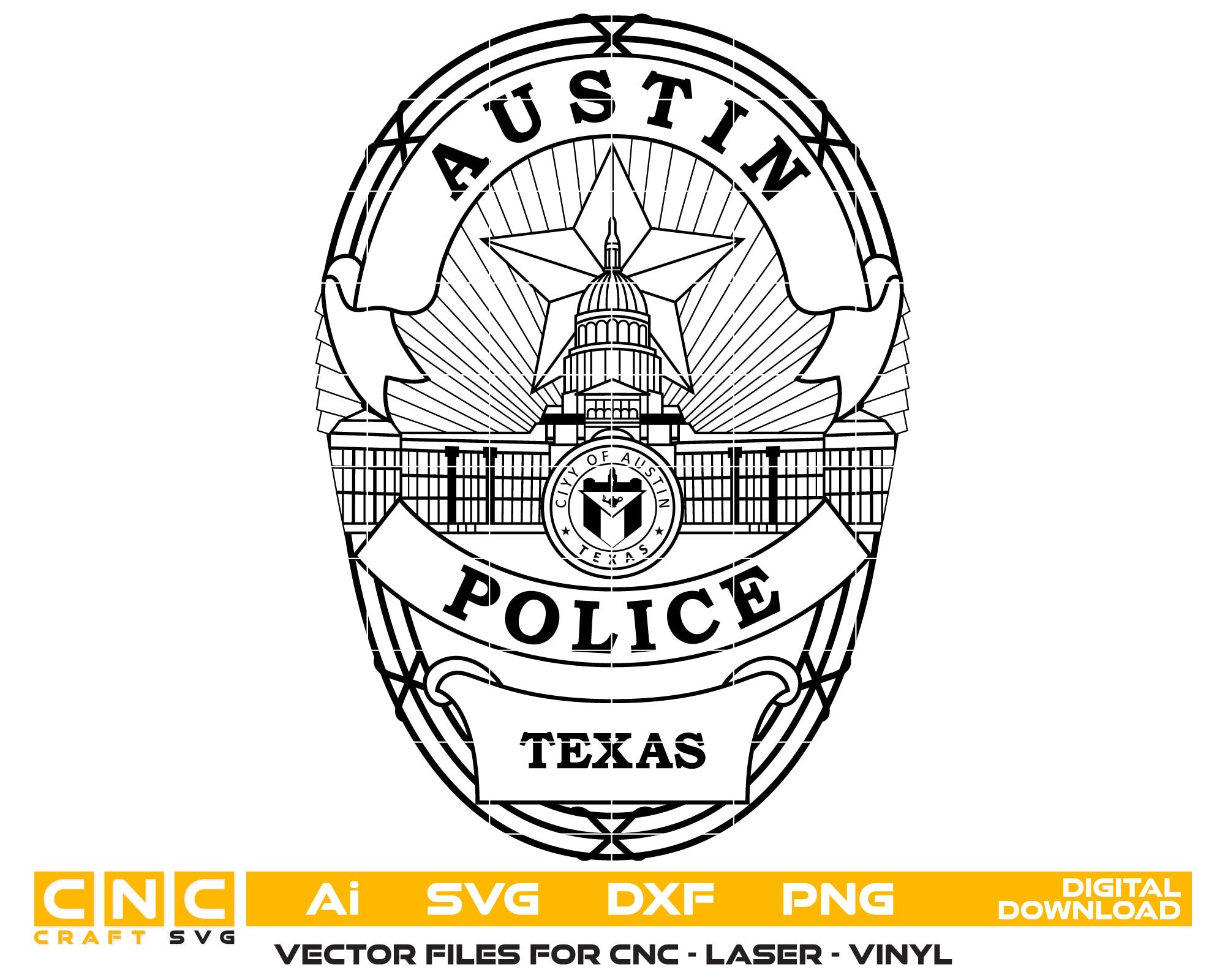 Austin Police Department logo with text 'Austin Police Texas' on a white background
Austin Police Department logo
Austin Police Department badge