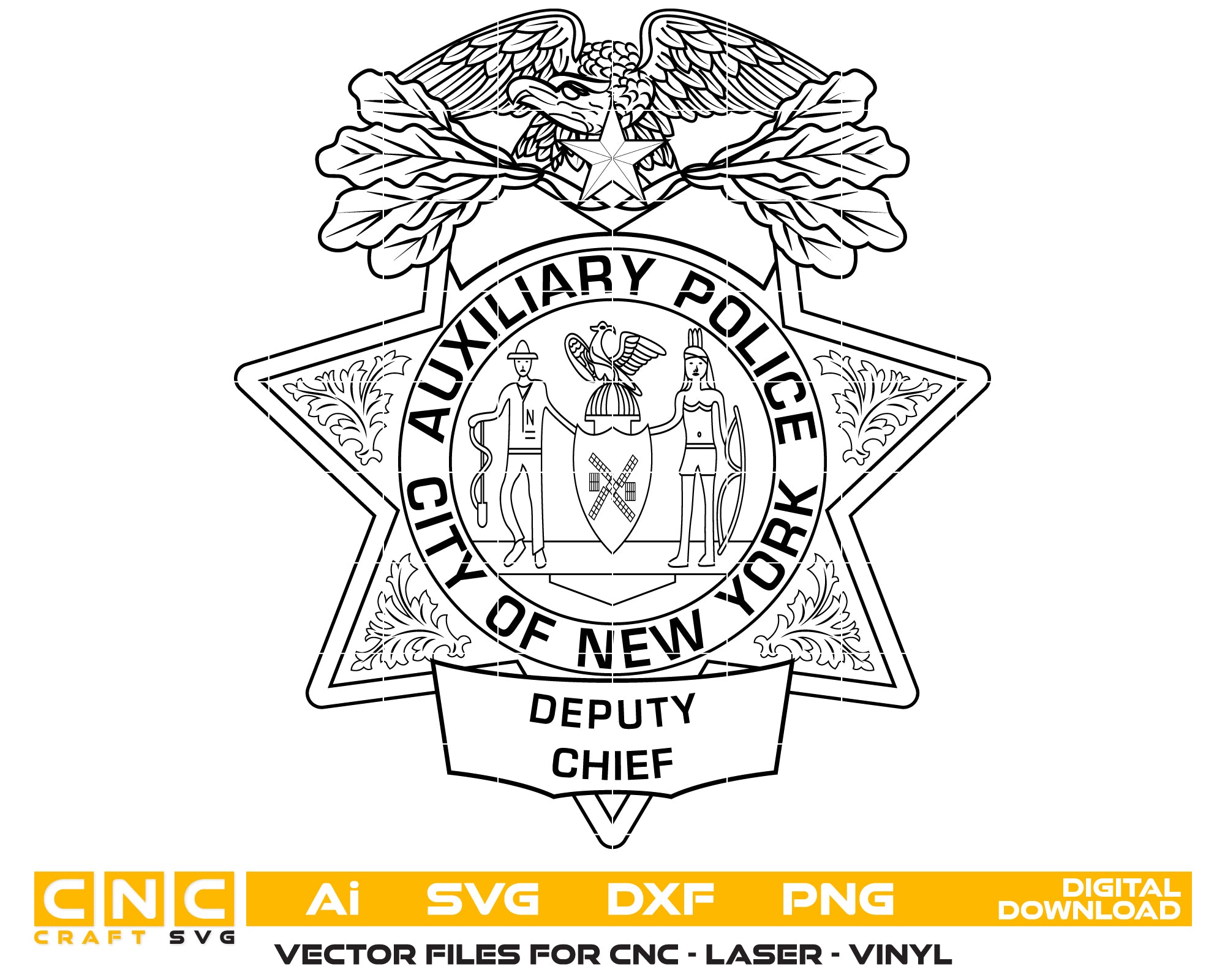 Auxiliary Police City of New York Police Chief Badge SVG digital download, NYPD badge vector design for Cricut and Silhouette.