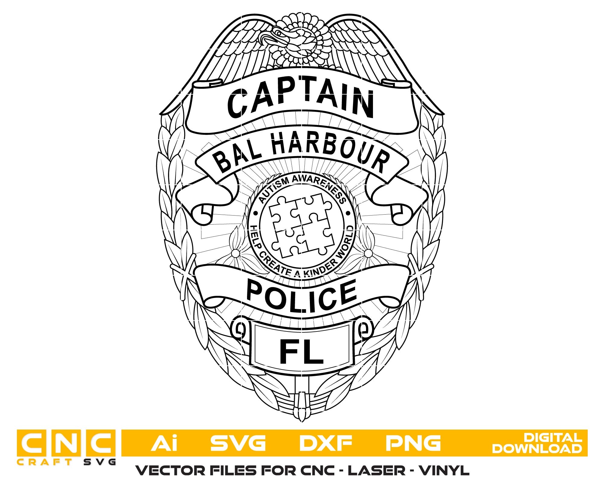 Black and white police badge design with 'Captain Bal Harbour Police FL' text on a white background.
police badge
florida police badge
police captain badge
Captain Bal Harbour Police FL