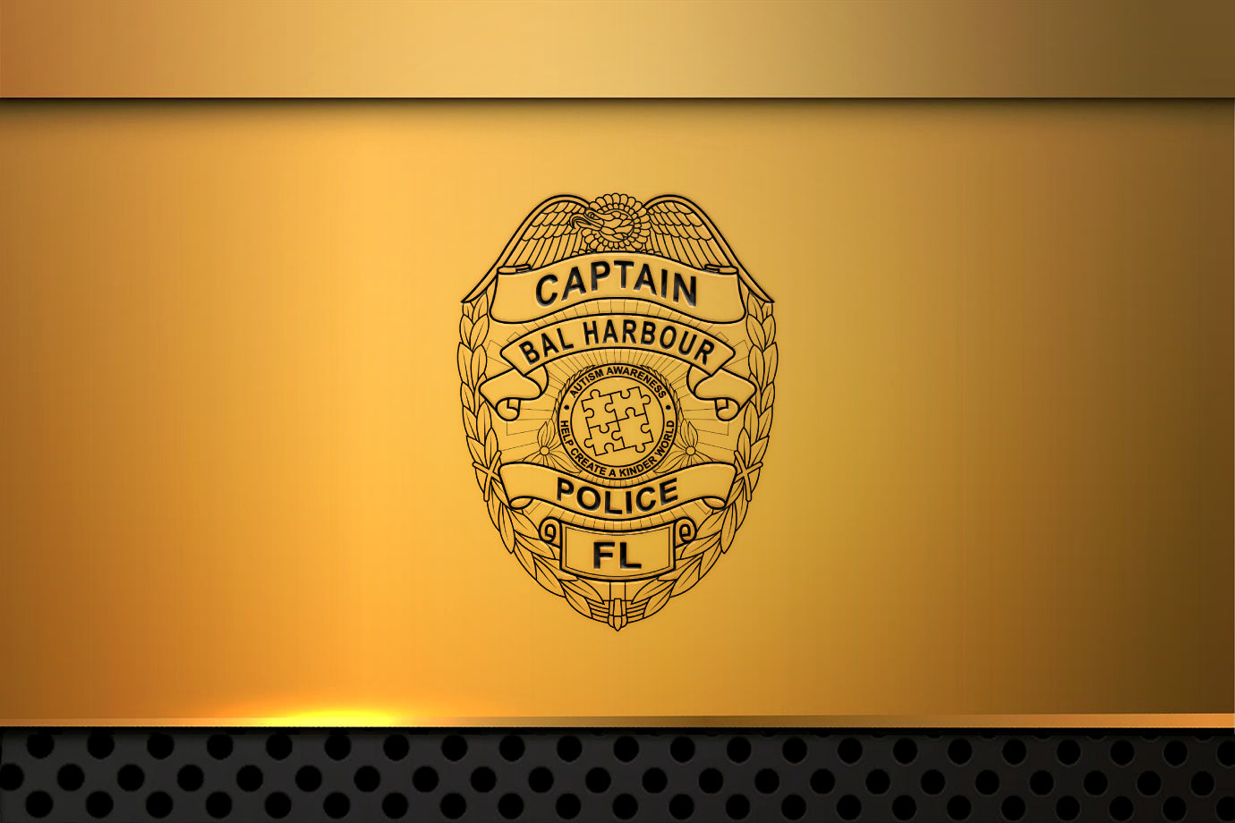 Captain Bal Harbour Police FL badge on a gold background
wall mockup
badge mockup design