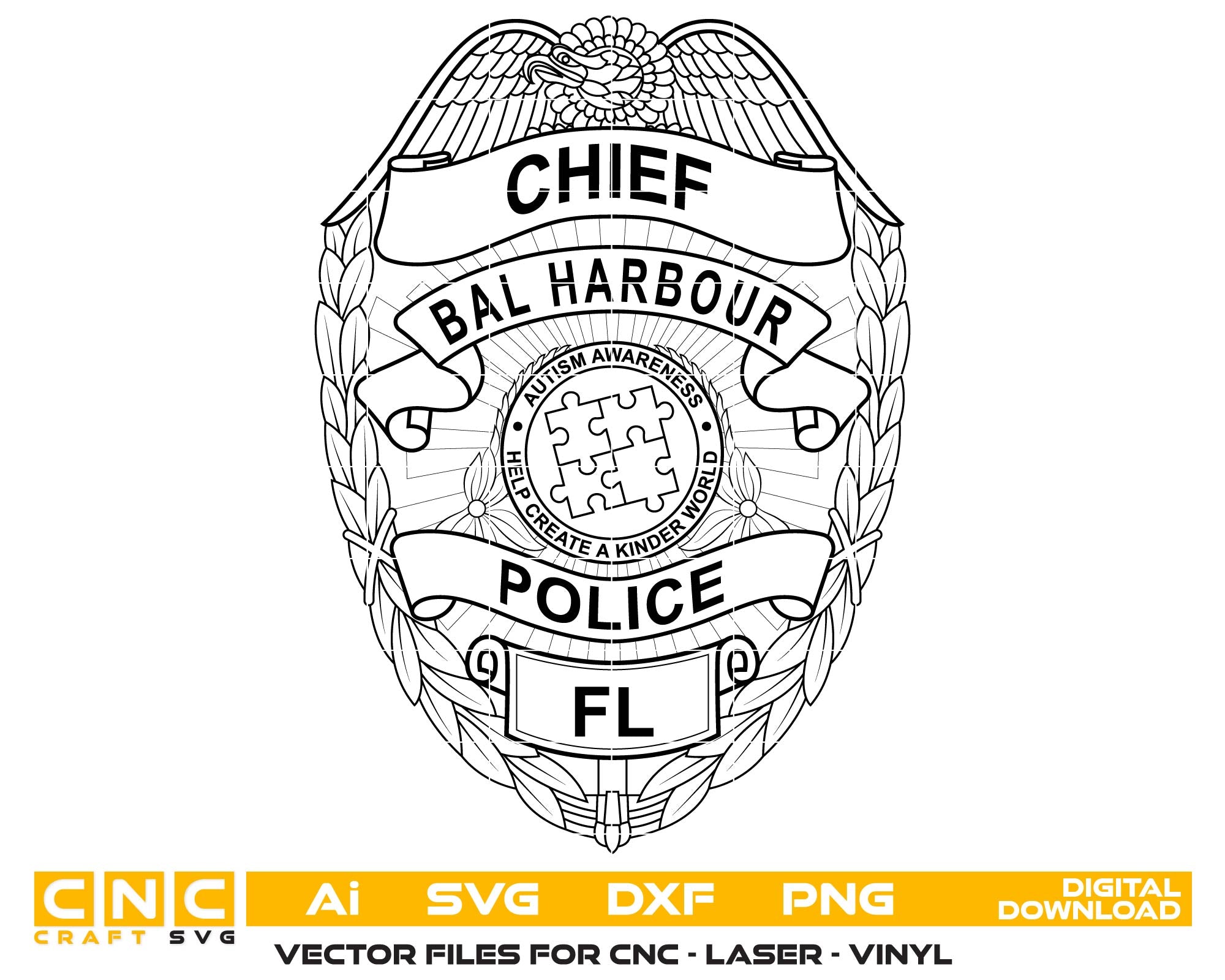 Chief Bal Harbour Police FL badge design with CNC, AI, SVG, DXF, PNG file formats listed.
police cheif badge
police badge
bal harbor police badge
bal harbor police cheif badge