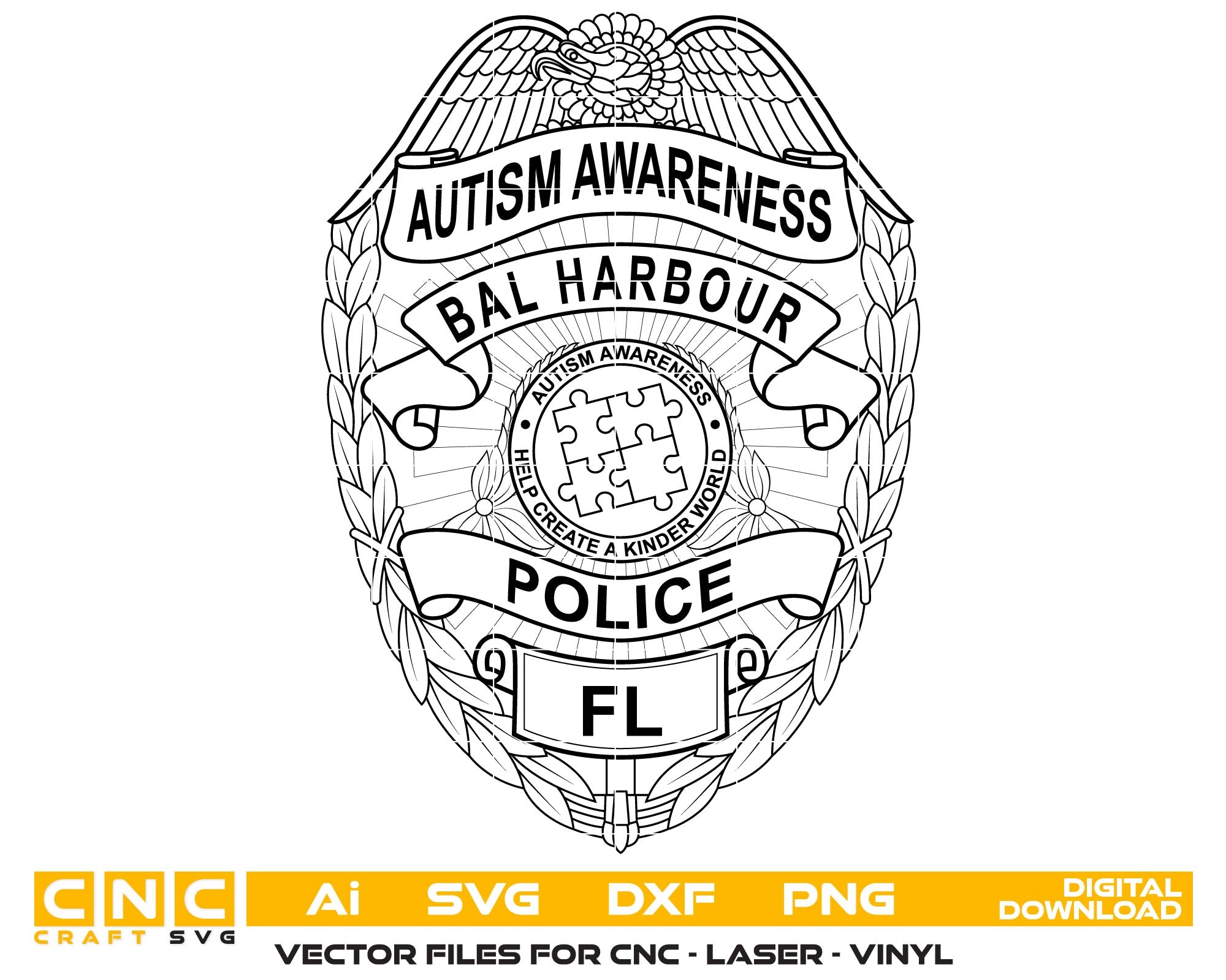 Bal Harbour Police Sergeant Badge SVG, Autism Awareness Badge Vector, Florida Police Badge SVG, Law Enforcement SVG, Police Badge for Engraving