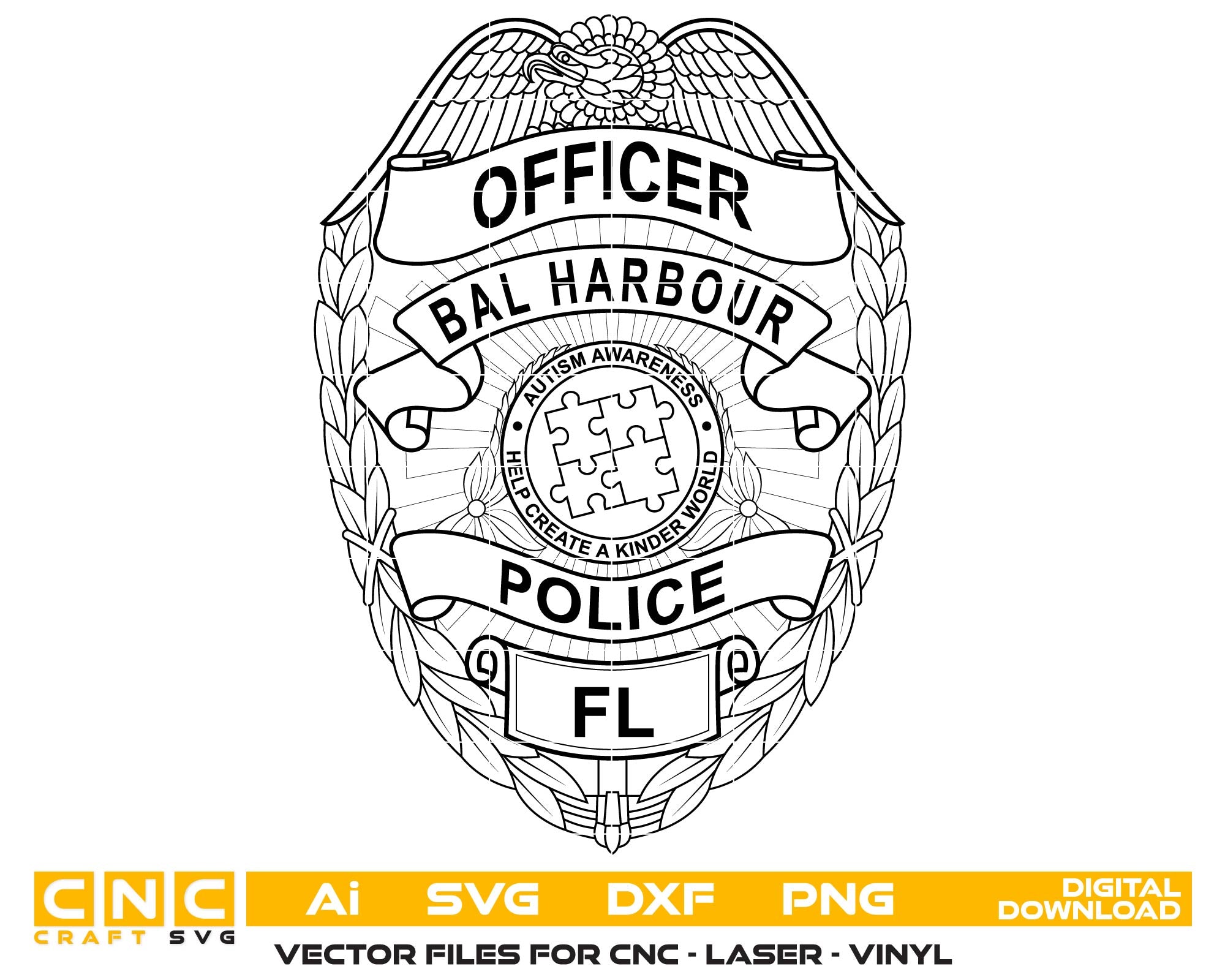 Black and white police badge design with 'Bal Harbour Police FL' text on a white background.
Bal Harbour Police FL
Black and white police badge design
police badge
line art
vector design