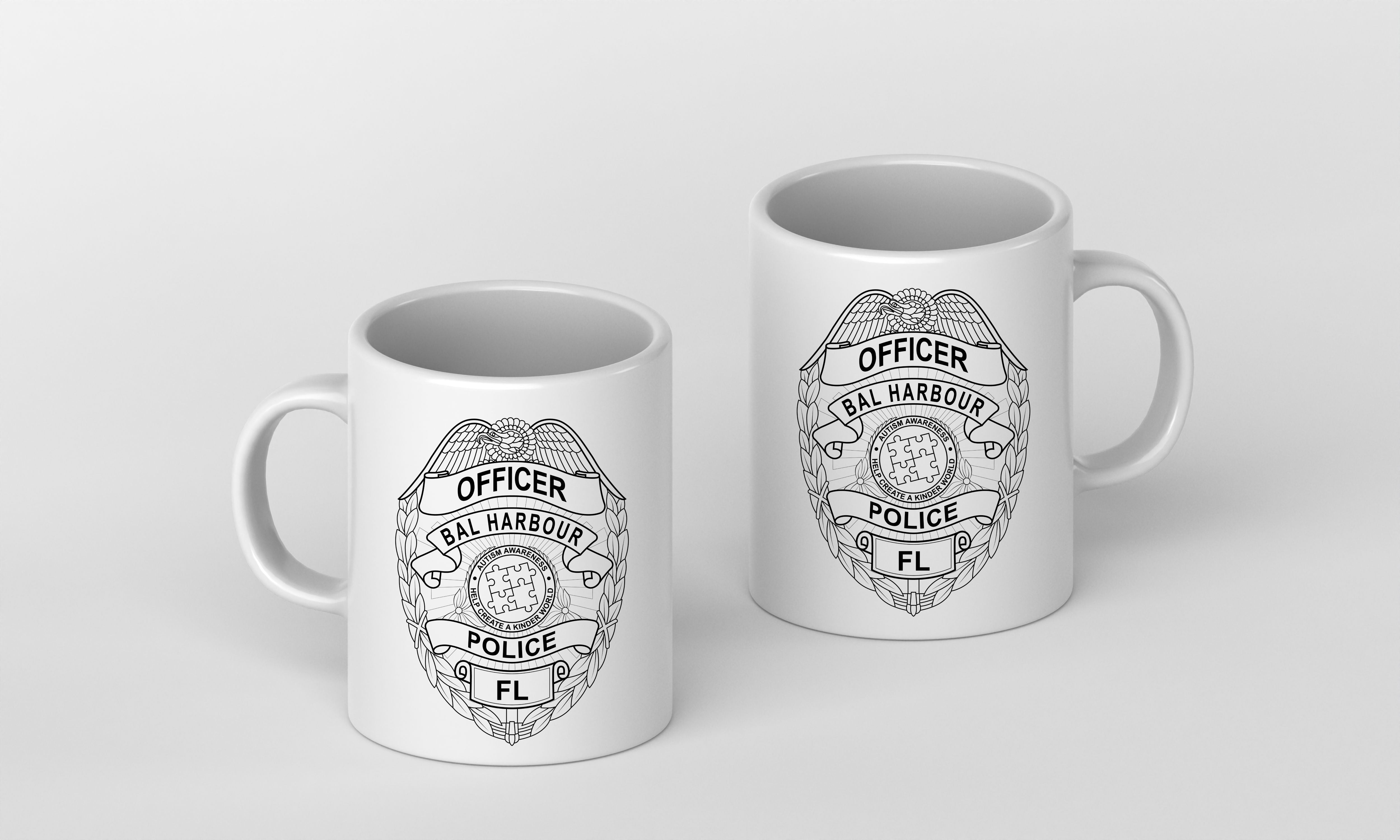 Two white mugs with 'Bal Harbour Police' logo on a light gray background
cup mockup
mug print
police badge mug print
