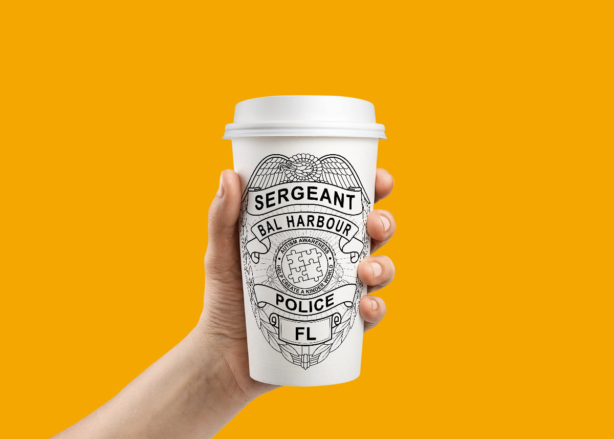 Hand holding a coffee cup with 'Sergeant Bal Harbour Police FL' design on an orange background
Hand holding a coffee cup with 'Sergeant Bal Harbour Police FL' design
coffee cup with 'Sergeant Bal Harbour Police badge