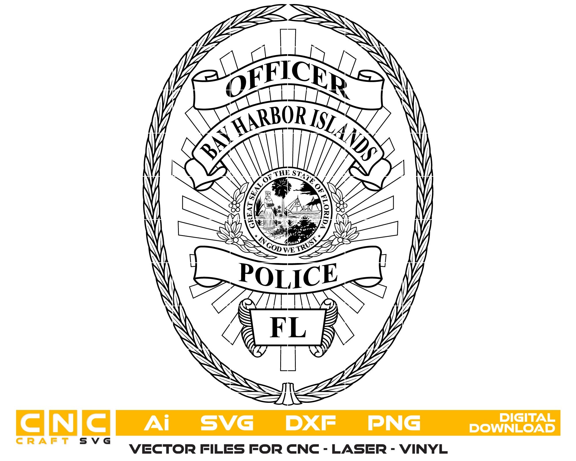 Black and white police badge design with 'Officer Bay Harbor Islands Police FL' text on a white background.