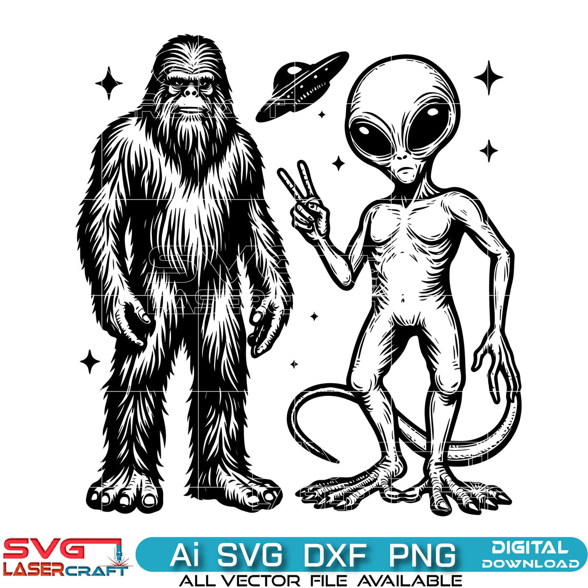 Bigfoot and Alien Peace Sign SVG UFO Paranormal Vector