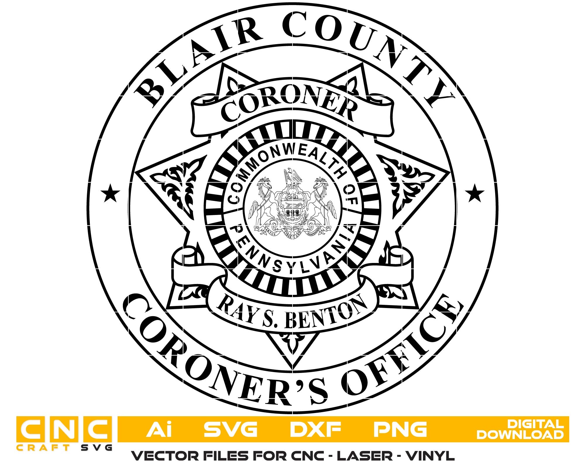 Blair County Coroner Ray S. Benton Badge SVG
Pennsylvania Coroner Office Emblem Vector
Blair County Coroner Badge Design
Ray S. Benton Coroner Seal SVG
Pennsylvania Coroner Badge Vector File