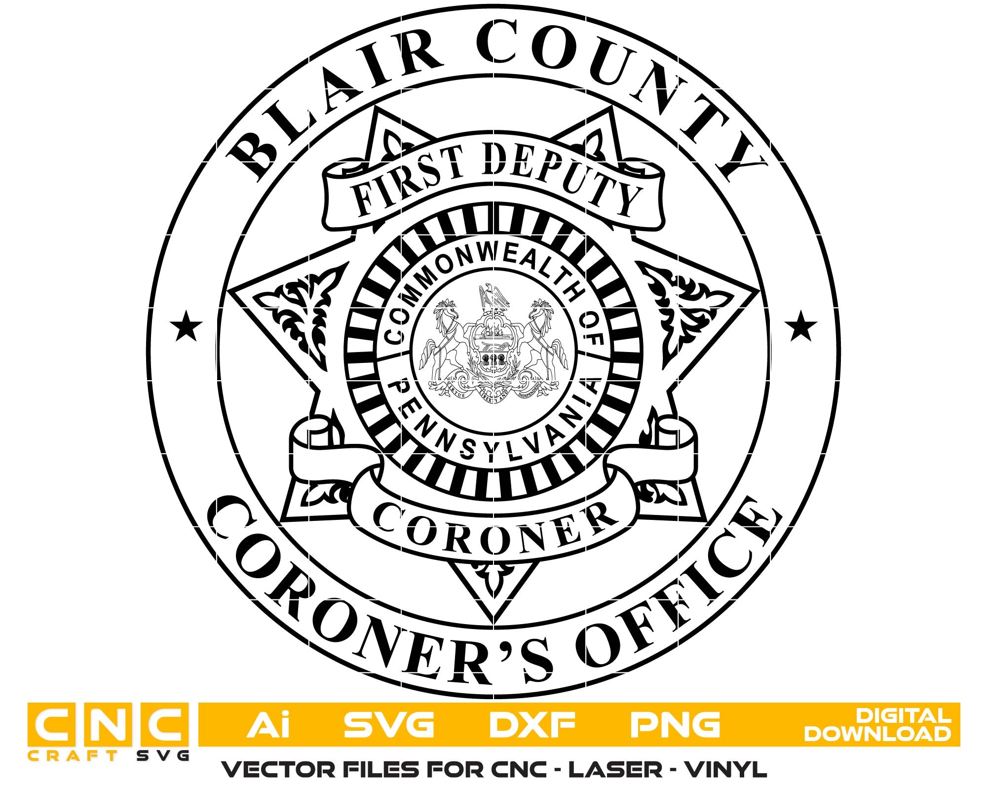 Blair County First Deputy Coroner Badge SVG
Pennsylvania First Deputy Coroner Emblem Vector
Blair County Coroner Office Badge Design
First Deputy Coroner SVG Seal
Pennsylvania Coroner Badge Vector File
