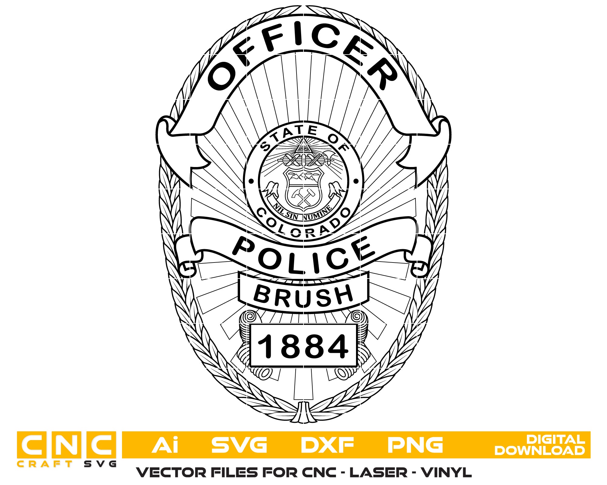 Brush Colorado Police Badge SVG, Brush Police Badge Vector, Colorado Law Enforcement Logo, Police Officer Badge SVG, Brush CO Badge Design, Police SVG File