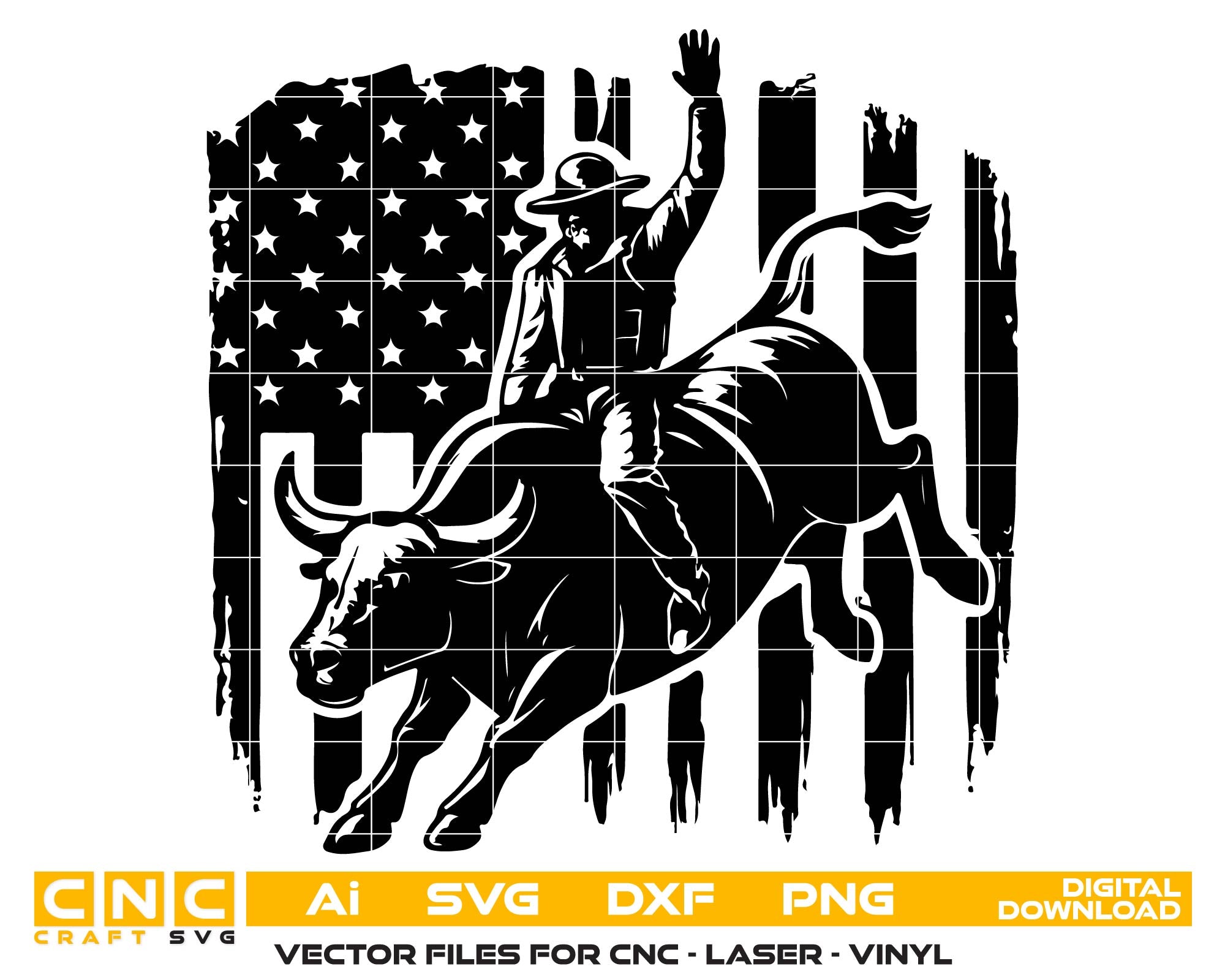 Black silhouette of a cowboy on a bull with an American flag background, featuring CNC and digital download text.