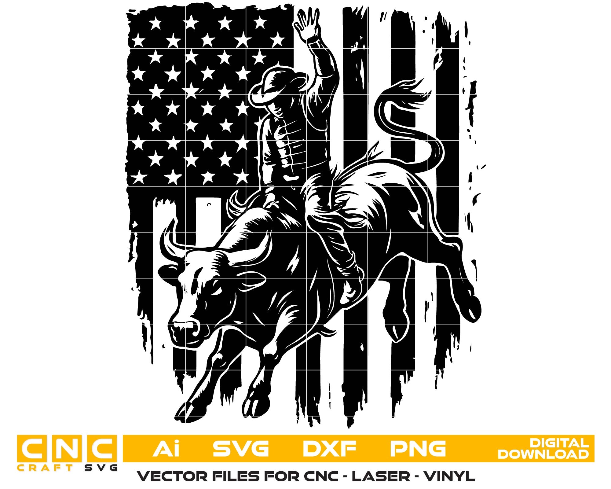 Silhouette of a bull rider on a bucking bull with an American flag in the background, featuring CNC and digital download text.