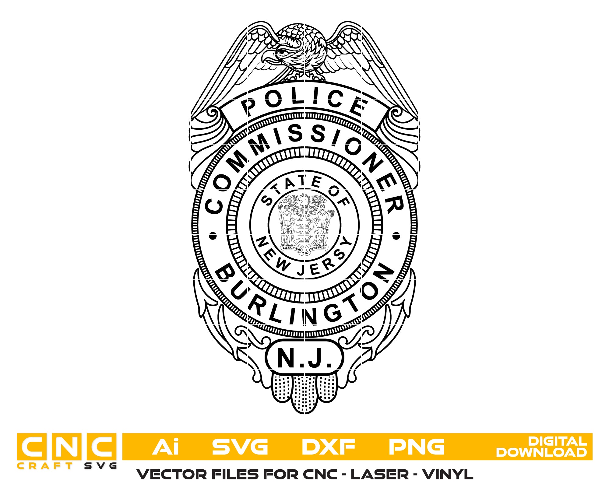 Burlington Police Commissioners Badge SVG, Burlington NJ Police Badge Vector, Police Commissioner Emblem New Jersey SVG, Burlington Law Enforcement Badge, NJ Police Badge Vector