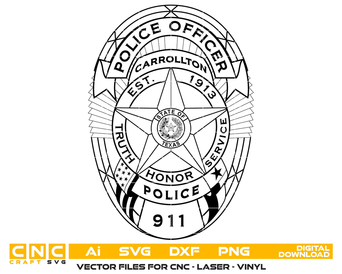 Carrollton Police Officer Badge Texas SVG - Laser Cut File or CNC