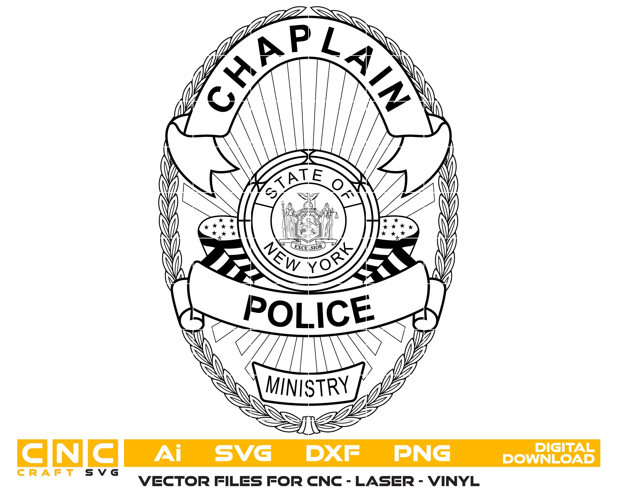 Chaplain Police Department Badge New York SVG, Chaplain Police Emblem NY Vector, New York Chaplain Badge SVG, Chaplain Law Enforcement Badge NY, Police Chaplain Badge Vector