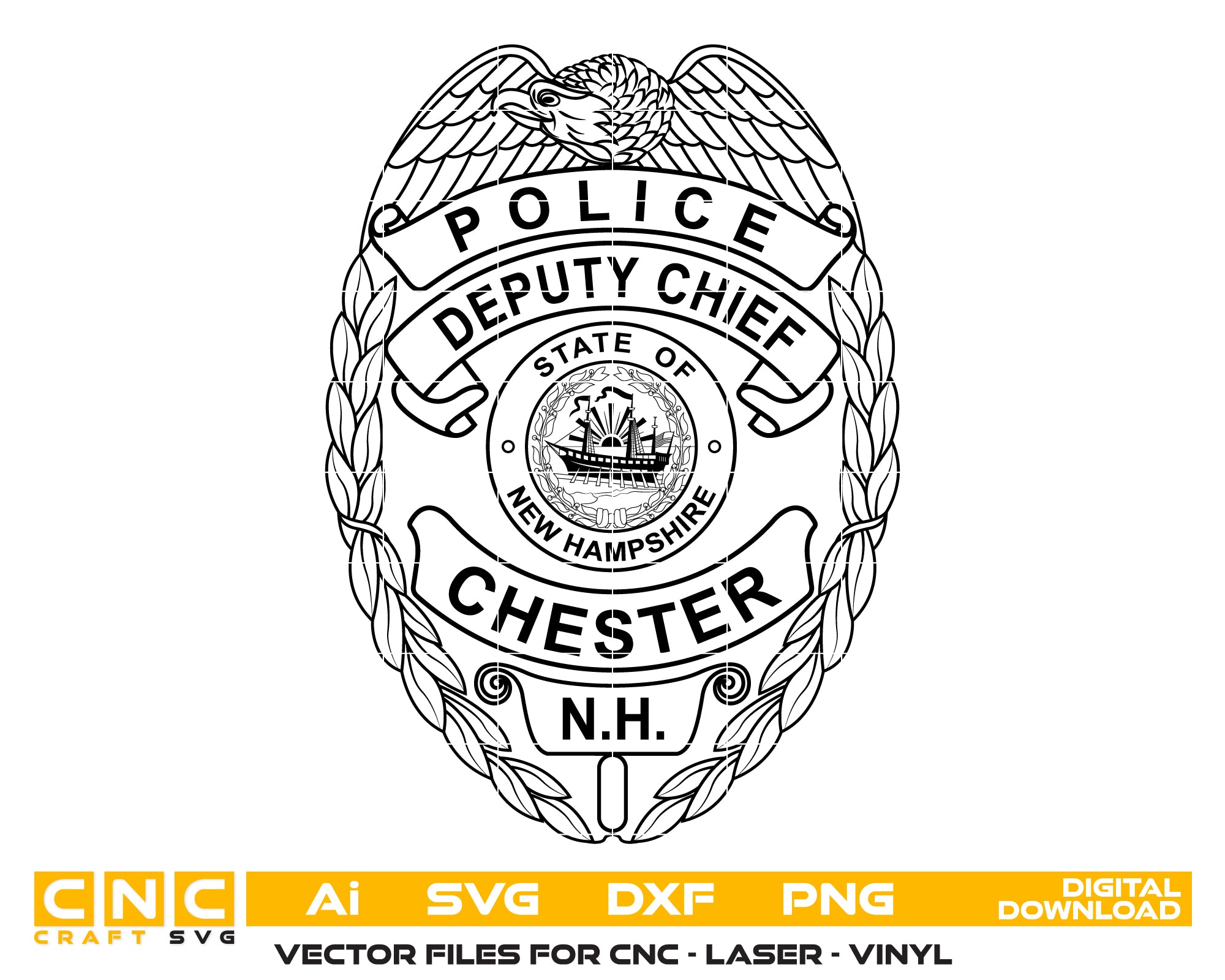 Chester Police Deputy Chief Badge SVG, Chester NH Police Badge Vector, New Hampshire Police Emblem SVG, Deputy Chief Police Badge Vector, Chester Law Enforcement Badge