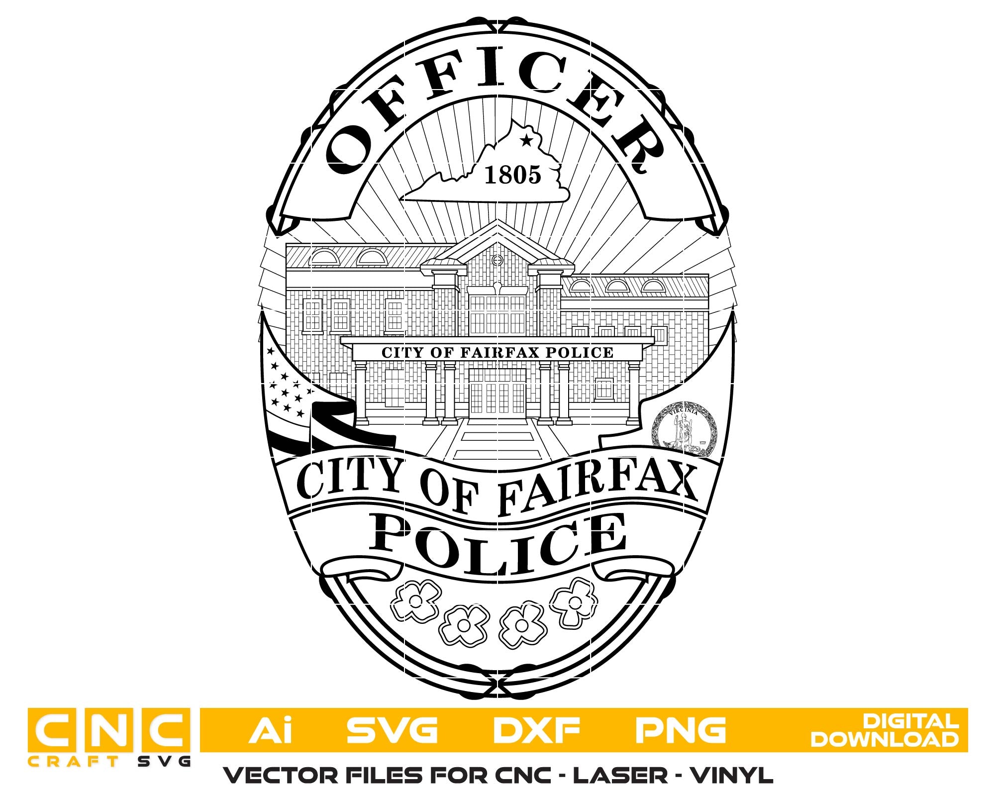 City Of Fairfax Police Officer Badge SVG, Fairfax Police Badge Vector, Fairfax Virginia Law Enforcement SVG, Fairfax Police Emblem Vector, Fairfax VA Police Officer Badge