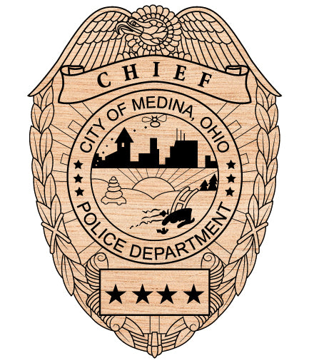 City of Medina Police Chief Badge SVG, Ohio. Scalable vector for CNC, laser engraving, plaques, signage & apparel. Includes SVG, DXF, AI, PNG, PDF formats.