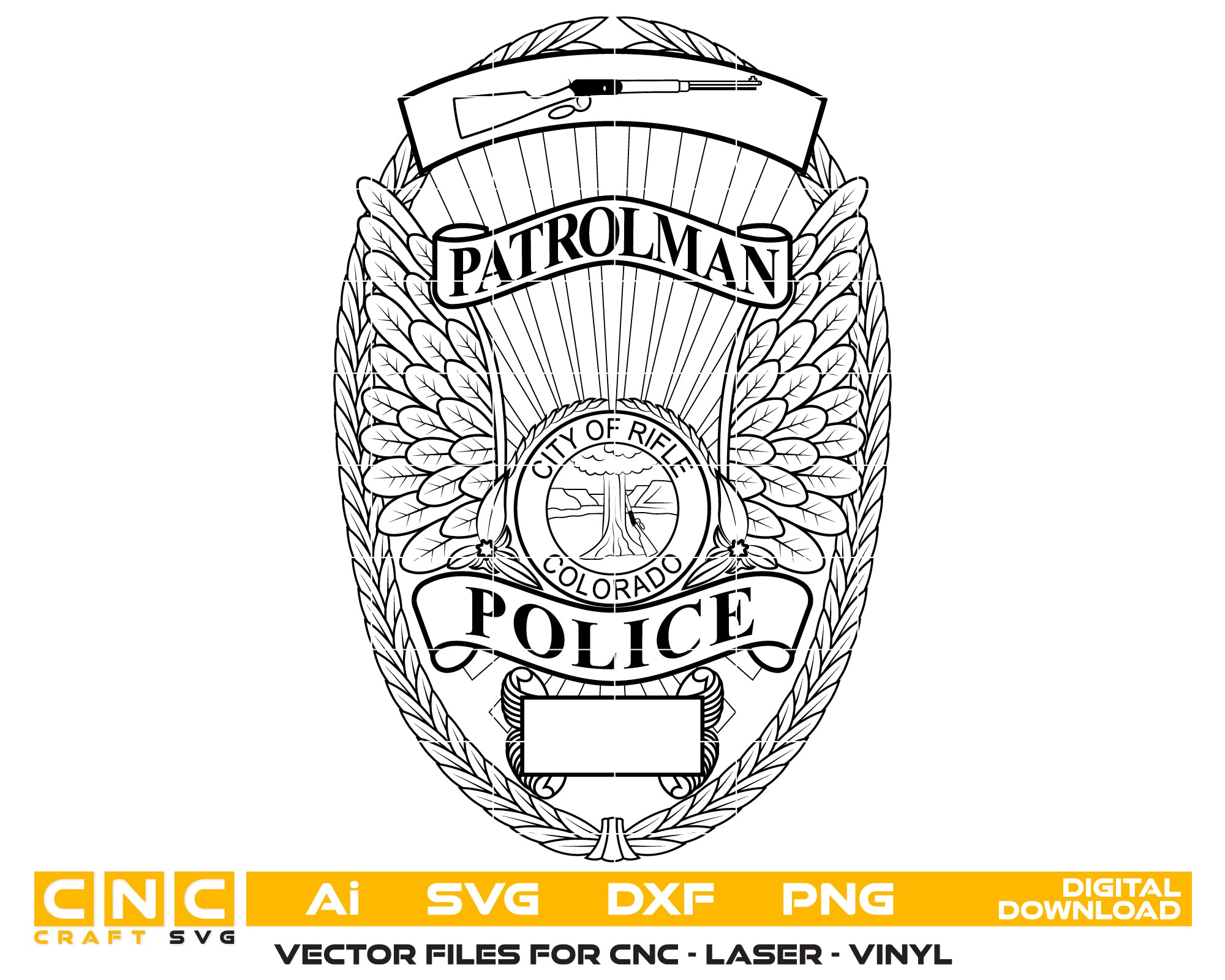 City Of Rifle Police Patrolman Badge Svg
Colorado Badge
Rifle Police Badge
Patrolman Badge
Police Department Badge