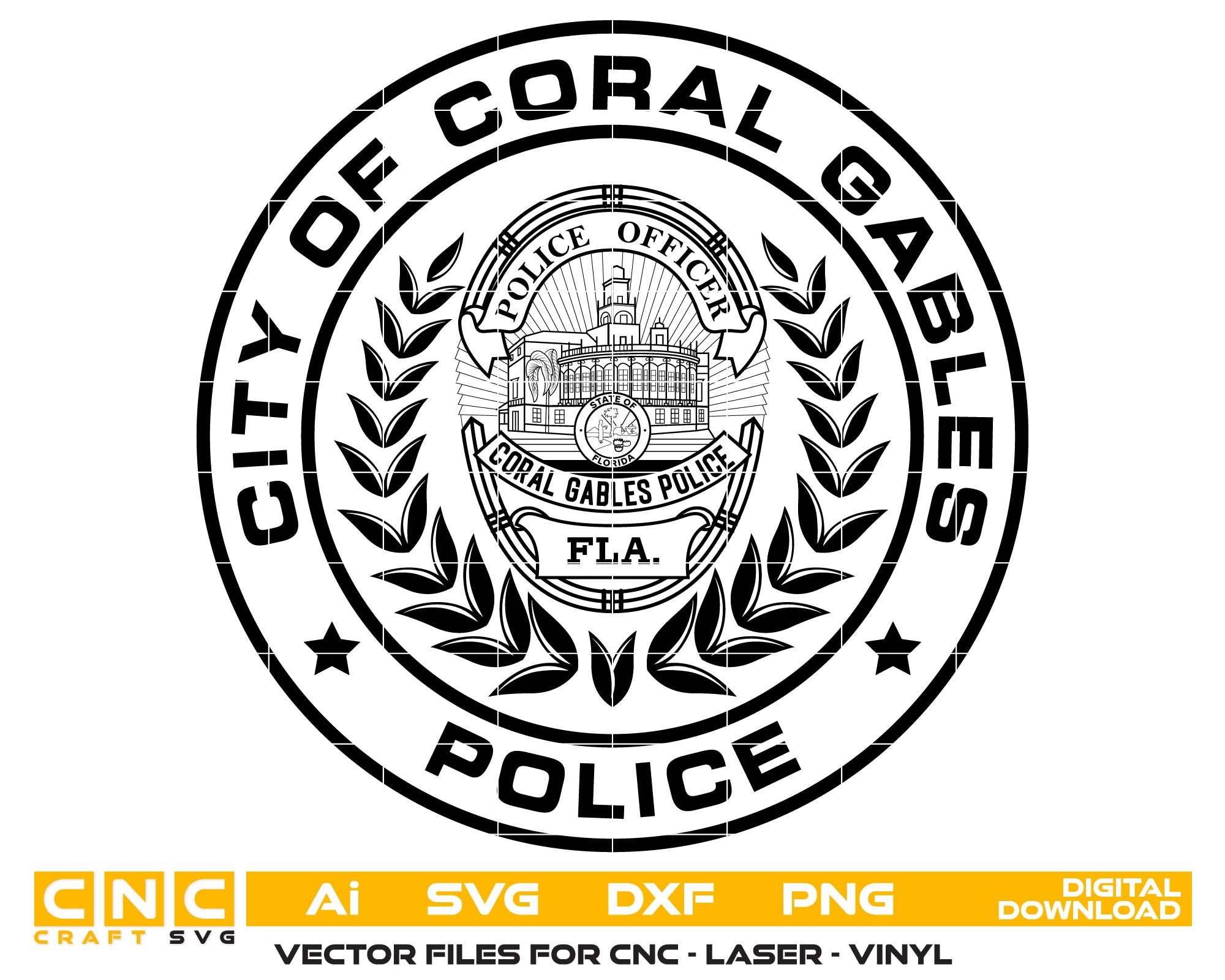 City of Coral Gables Police Officer Badge SVG digital download, Florida police officer emblem vector design for Cricut, Silhouette, CNC, engraving, and law enforcement crafts. digital download, Florida police officer emblem vector design for Cricut, Silhouette, CNC, engraving, and law enforcement crafts.