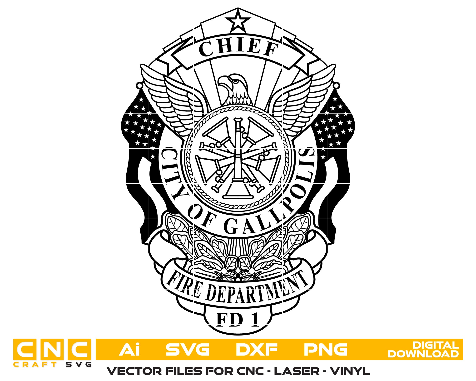 City of Gallipolis Fire Department Chief Badge SVG digital download, Ohio fire chief emblem vector design for Cricut, Silhouette, CNC, engraving, and fire service crafts.
