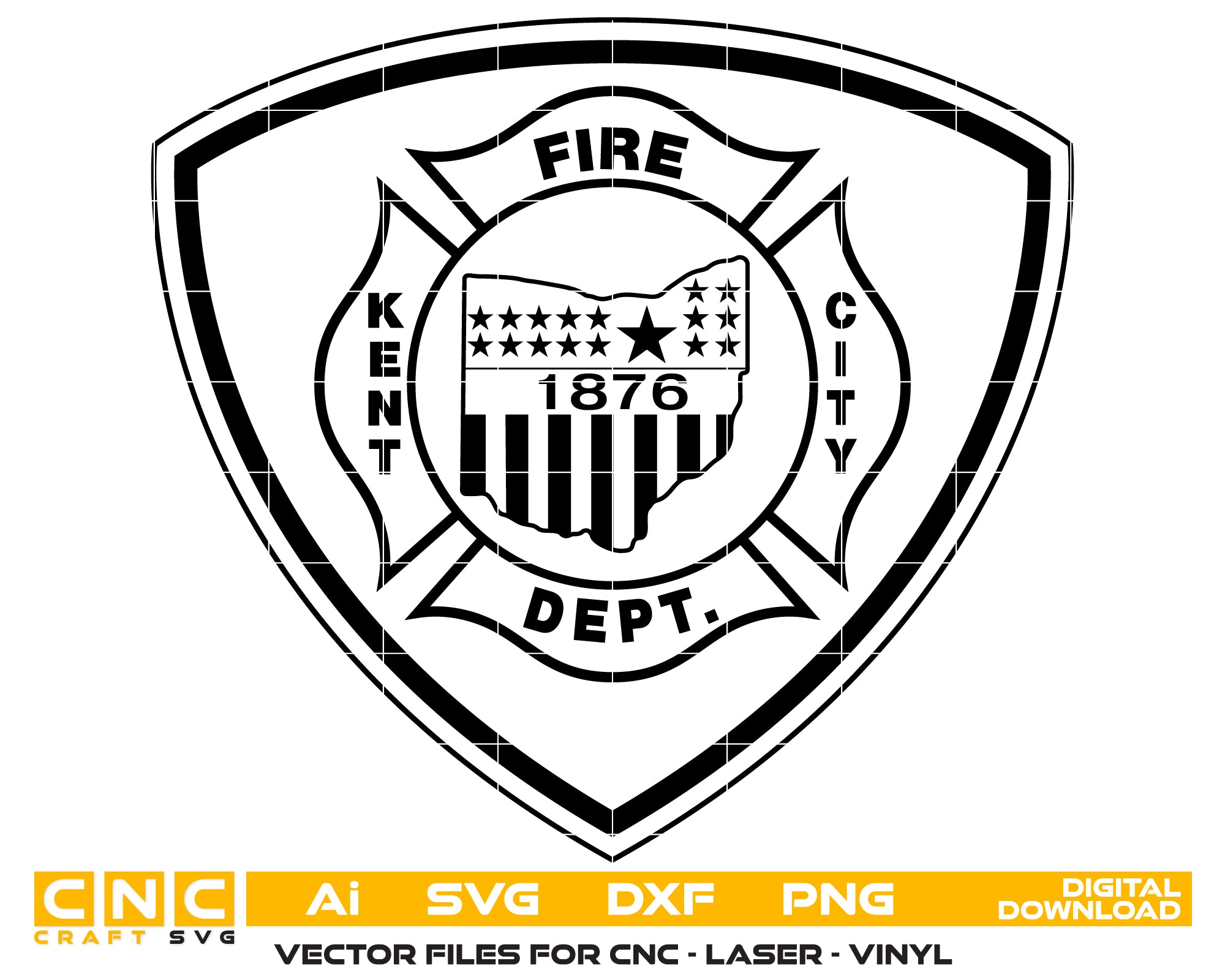 City of Kent Fire Department Patch SVG digital download, firefighter emblem vector design for Cricut, Silhouette, CNC, engraving, and fire service crafts.