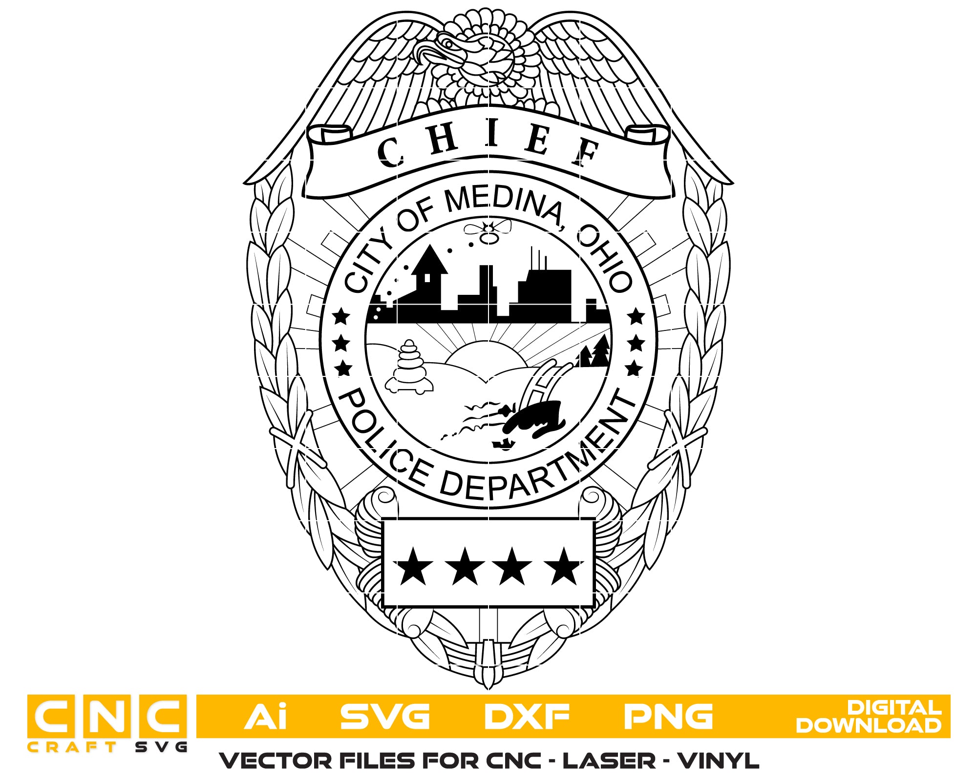 City of Medina Police Chief Badge SVG, Ohio. Scalable vector for CNC, laser engraving, plaques, signage & apparel. Includes SVG, DXF, AI, PNG, PDF formats.