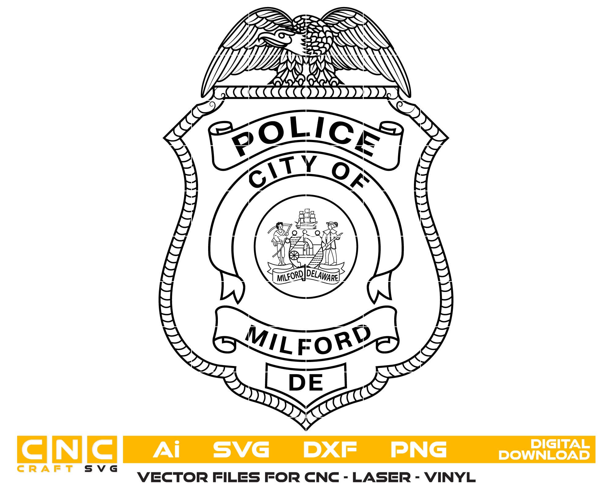 City of Milford Police Department Badge SVG digital download, law enforcement emblem vector design for Cricut, Silhouette, CNC, engraving, and police craft projects.