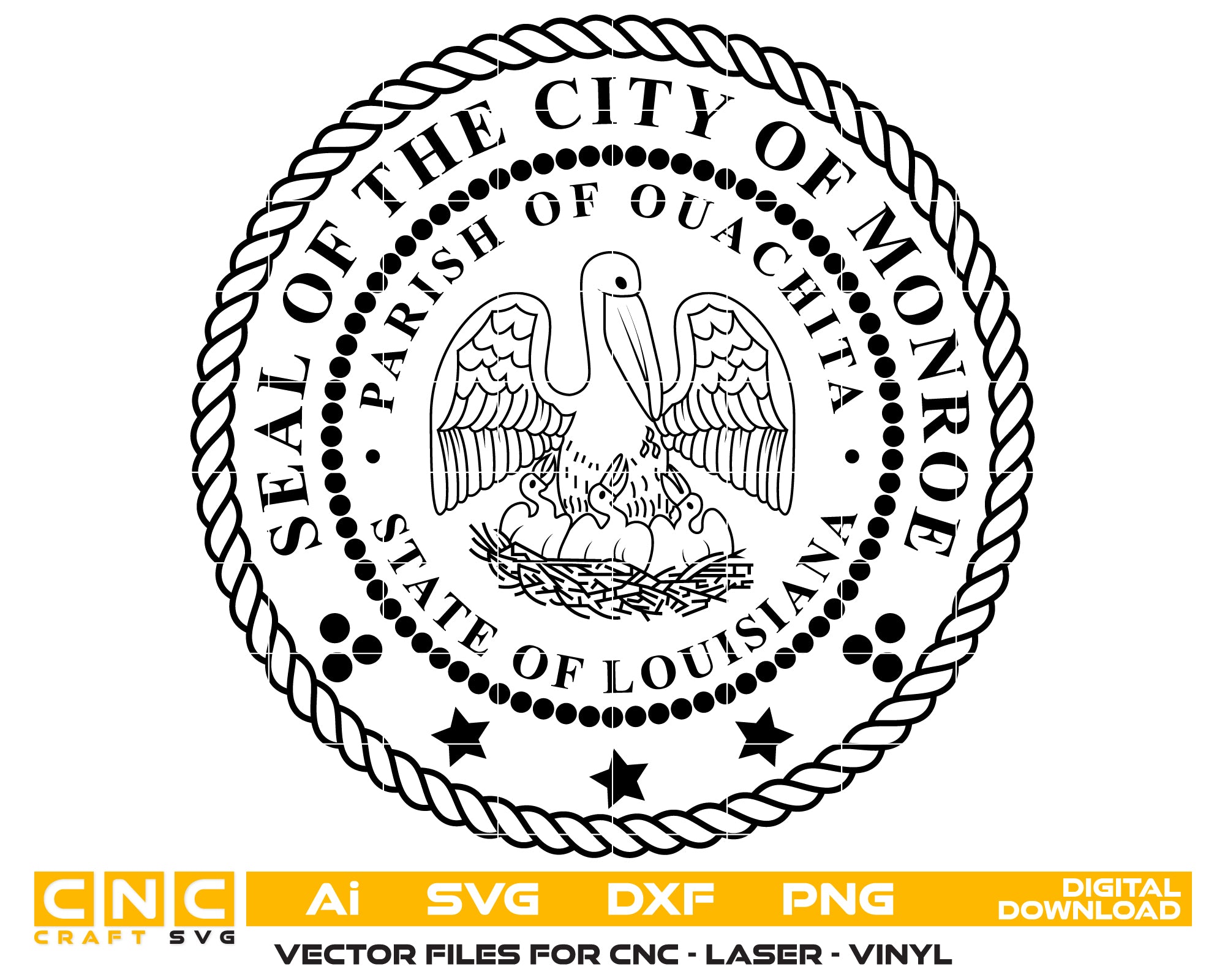 City of Monroe Seal SVG digital download, municipal emblem vector design for Cricut, Silhouette, CNC, engraving, and local government crafts.