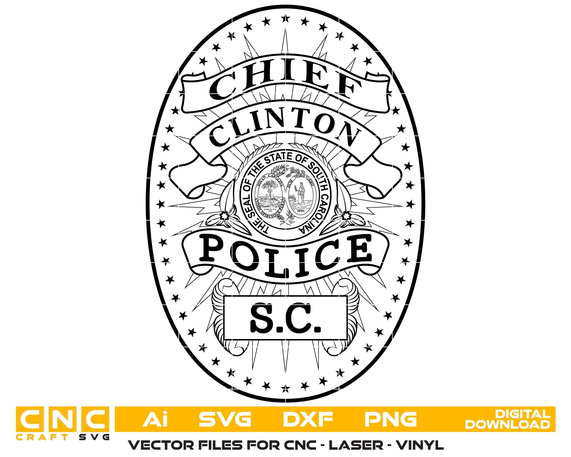 clinton police chief badge svg, clinton sc police badge vector design, clinton south carolina police svg emblem, police chief badge clinton sc svg, clinton law enforcement badge svg