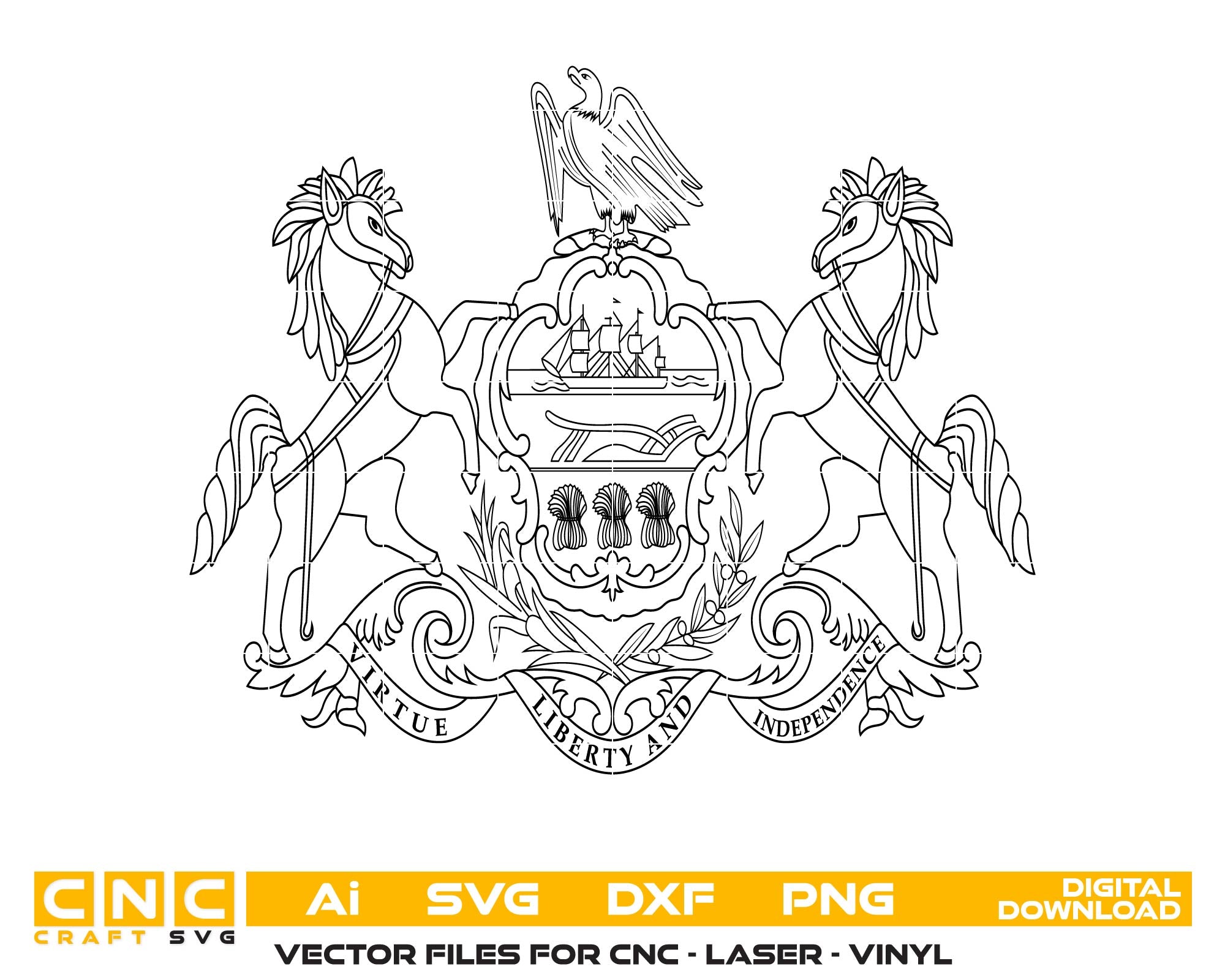 Coat of Arms of Pennsylvania SVG, Pennsylvania State Coat of Arms Vector, PA State Emblem SVG, Government Coat of Arms Vector, State Seal Design, Engraving State Emblem