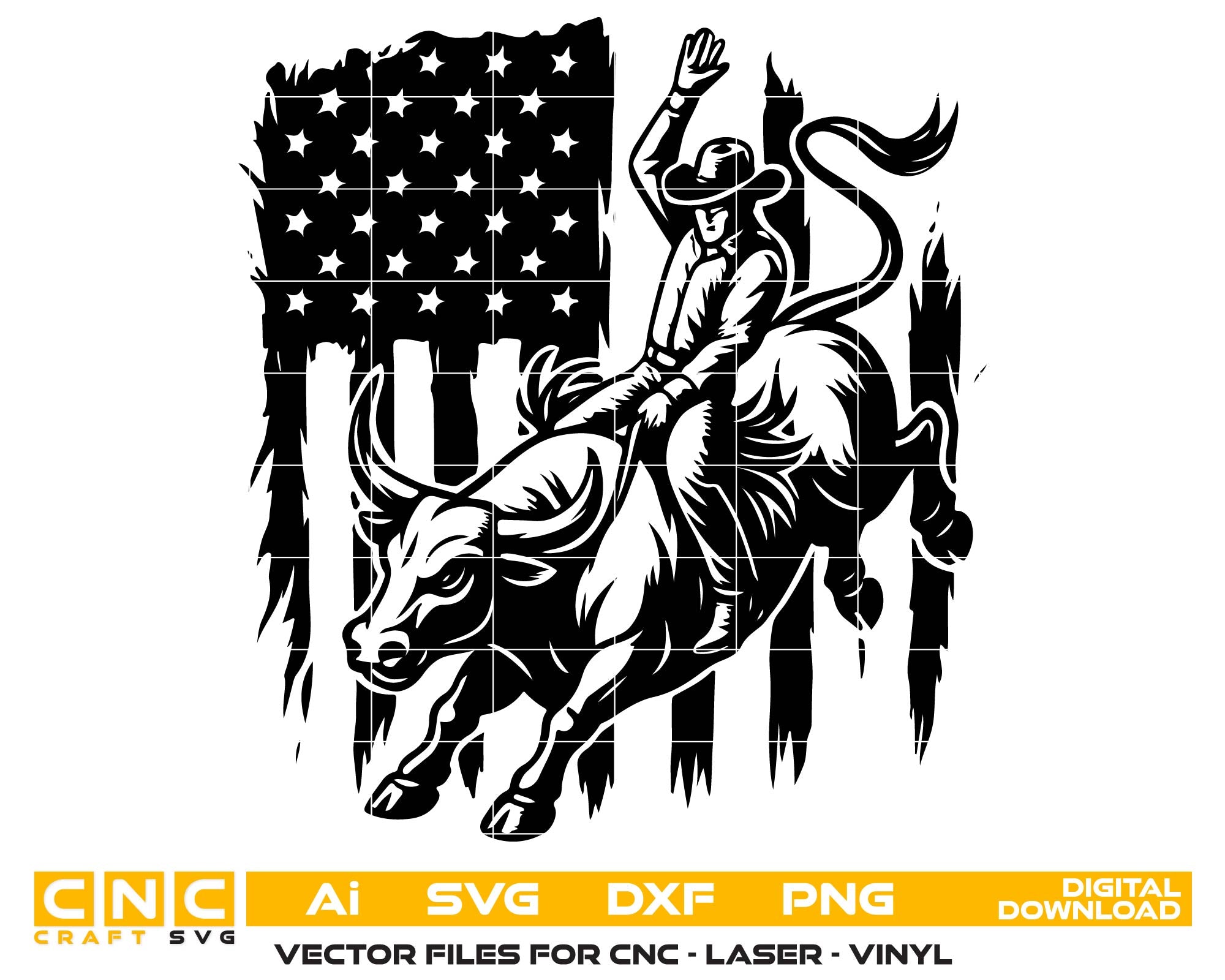 Design of a cowboy on a bucking bull with an American flag in the background, featuring CNC, AI, SVG, DXF, and PNG digital download options.
