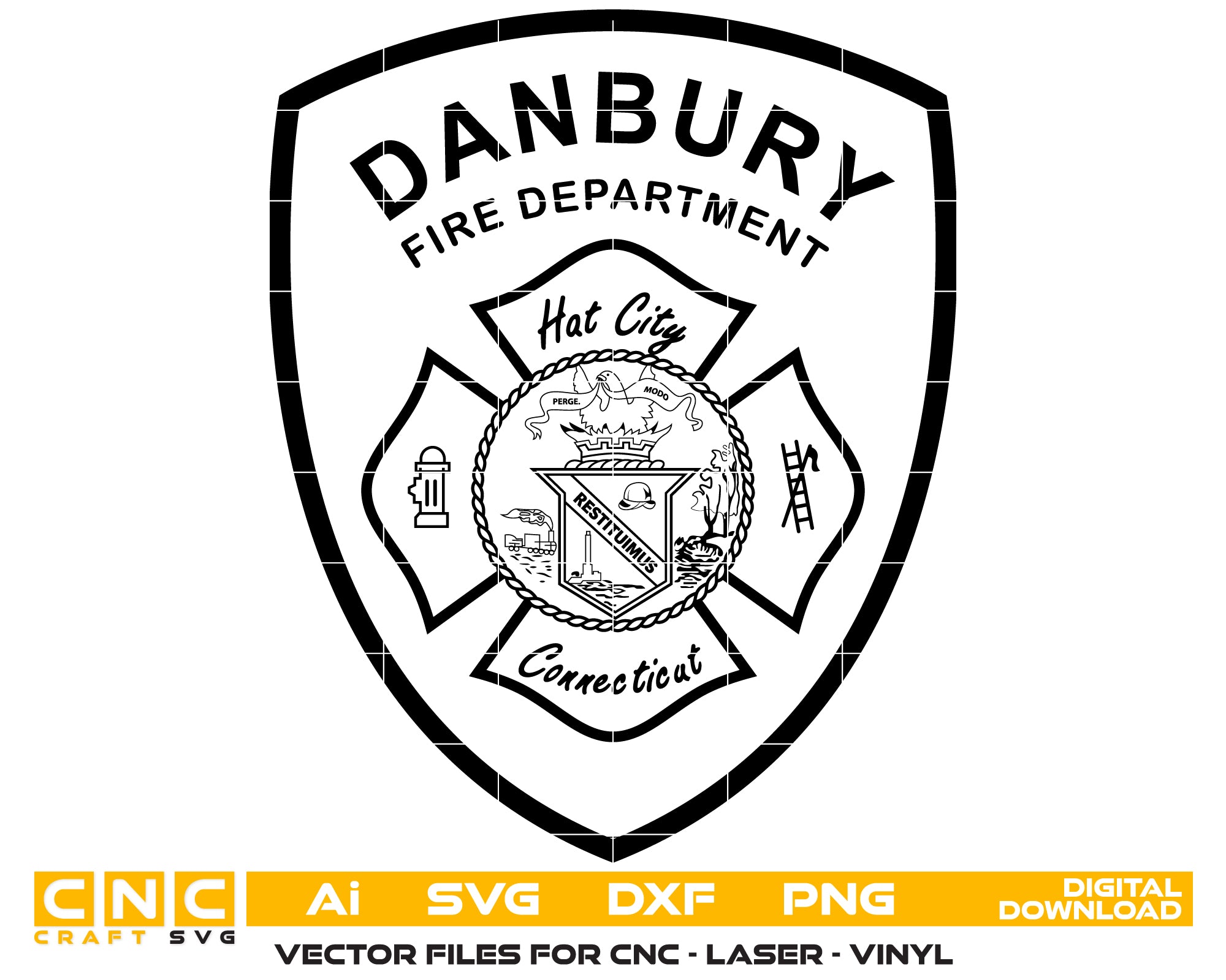 Danbury Fire Department Badge SVG, Danbury Connecticut Firefighter Emblem, Fire Department Badge Danbury CT, Connecticut Fire Badge Vector, Danbury Firefighter Badge