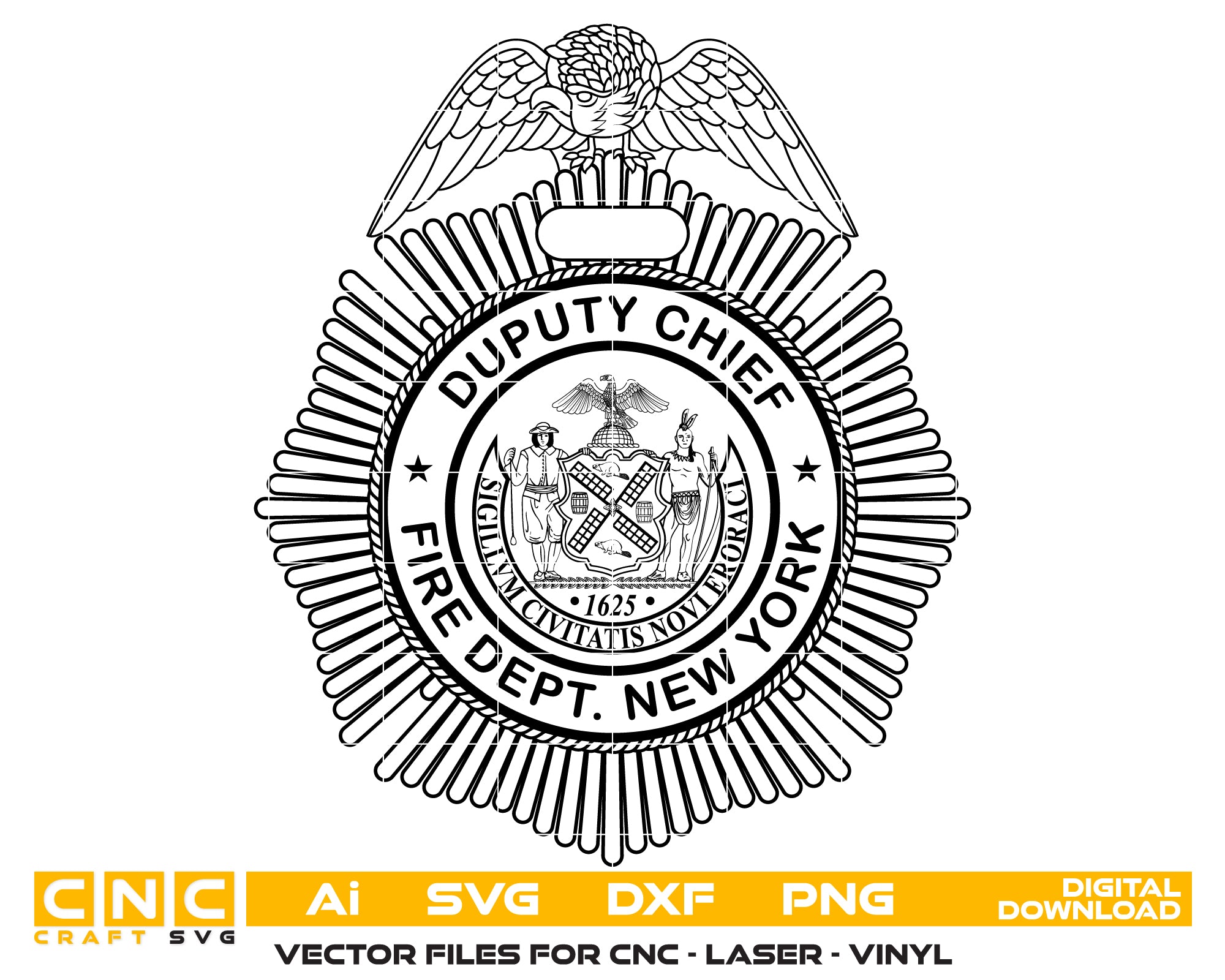 Deputy Chief Fire Department Badge SVG digital download, New York firefighter emblem vector design for Cricut, Silhouette, CNC, engraving, and fire service crafts.