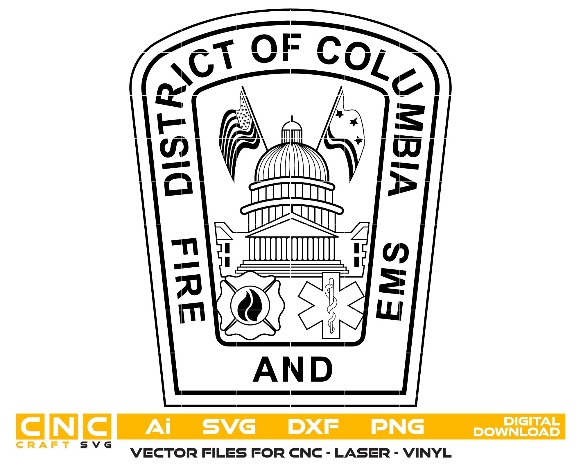 District of Columbia Fire Department Badge SVG digital download, firefighter emblem vector design for Cricut, Silhouette, CNC, engraving, and fire service crafts.