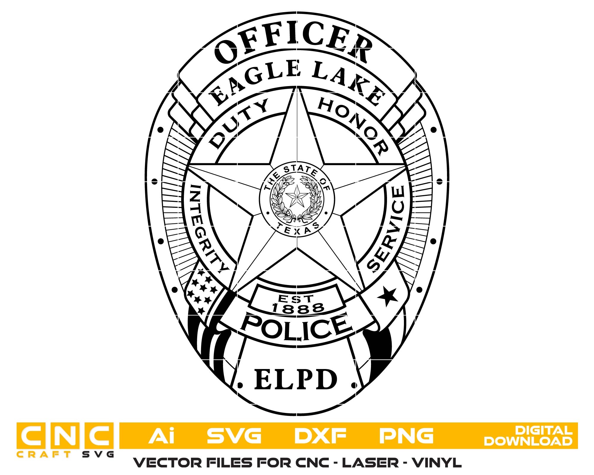 Black and white police badge design with text on a white background
Eagle Lake Police Department Officer Badge Texas Vector File
Eagle Lake Police Department Officer Badge
Police Officer Badge