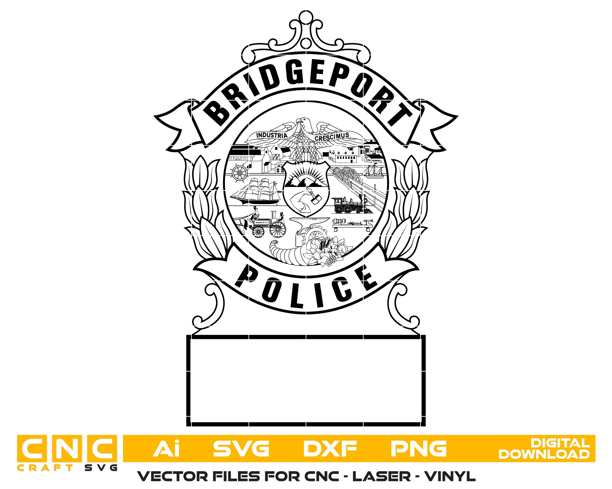 Early Bridgeport Police Hat Badge SVG digital download, Connecticut police hat emblem vector design for Cricut, Silhouette, CNC, engraving, and law enforcement crafts.